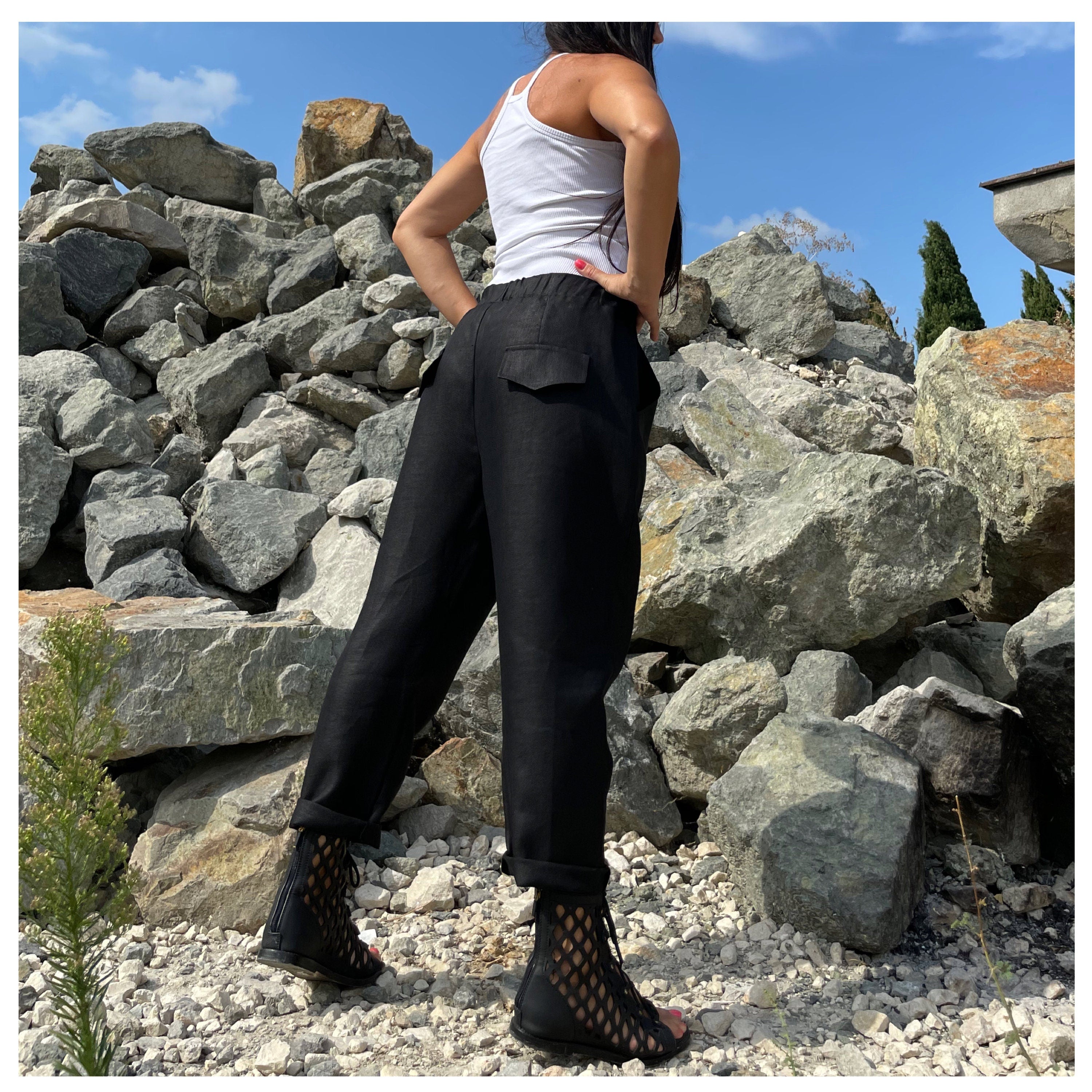 Women’s Black Linen Pants – High-Waist Drawstring Trousers with Pockets / Casual Summer Streetwear