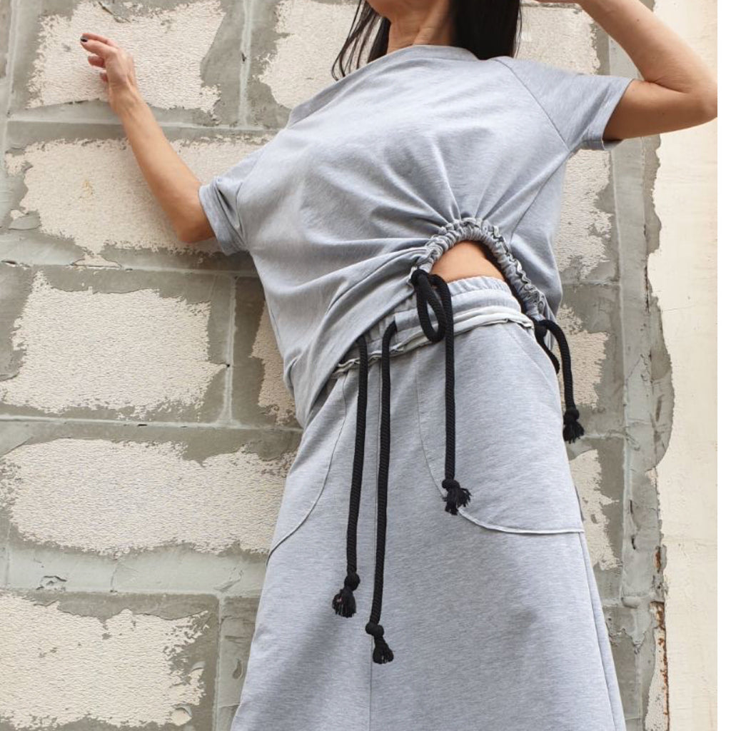 Asymmetric One Shoulder Cotton Blouse with Drawstring / Grey Short Sleeve Top / Urban Casual Designer Shirt