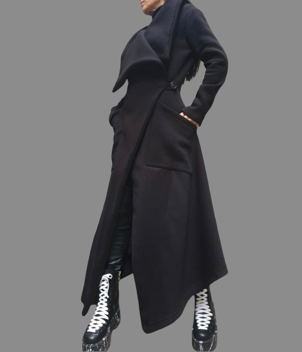 Women’s Asymmetric Fleece Coat – High Collar, Side Pockets, Button Closure – Black Avant-Garde Jacket