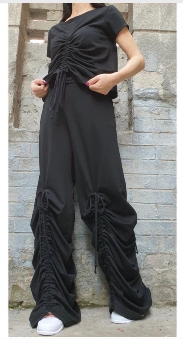 Avant-Garde Wide Leg Pants – Dark Grey Ruched Trousers with High Waist & Pockets