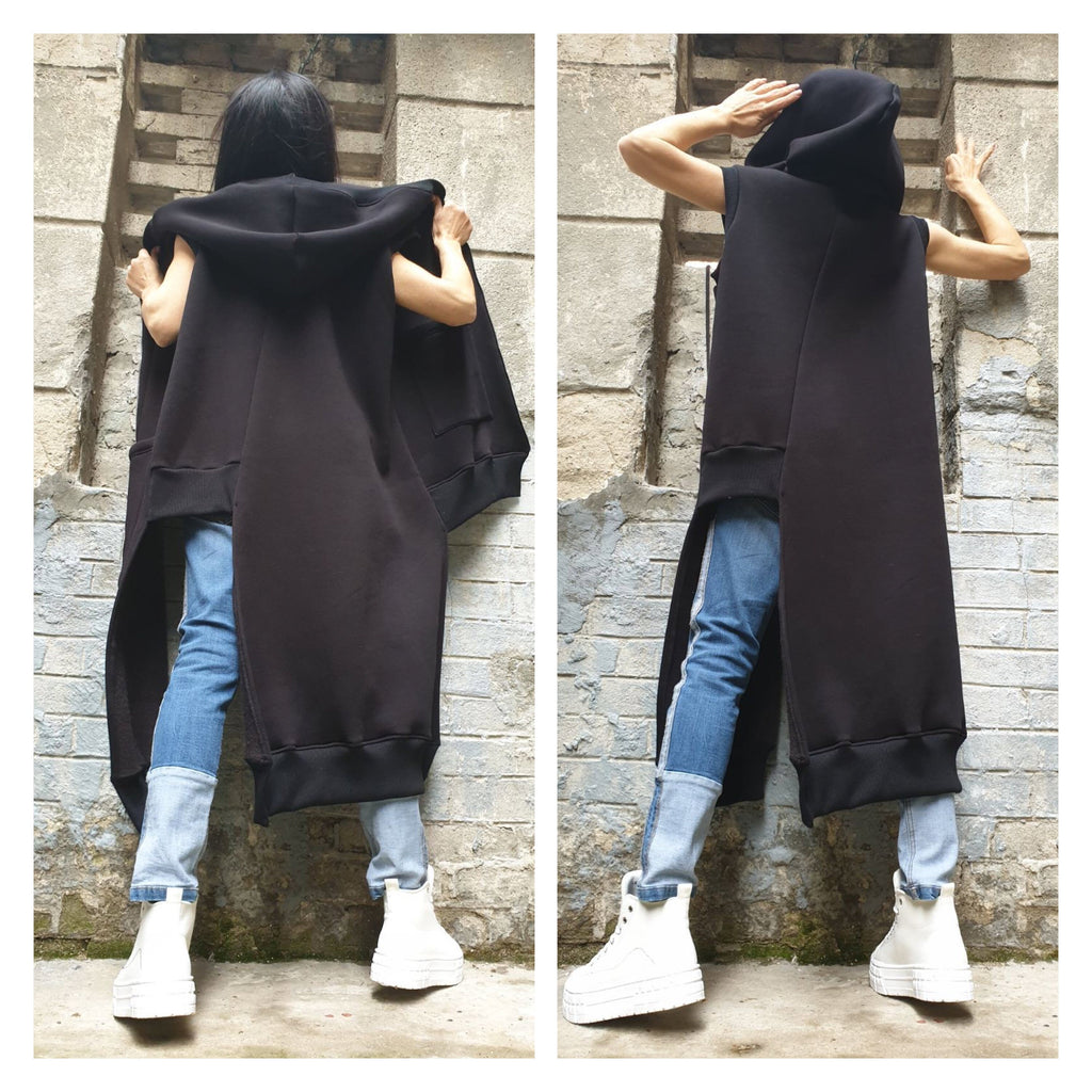 Asymmetric Hooded Vest – Long Sleeveless Fleece Coat with Zipper and Front Pockets