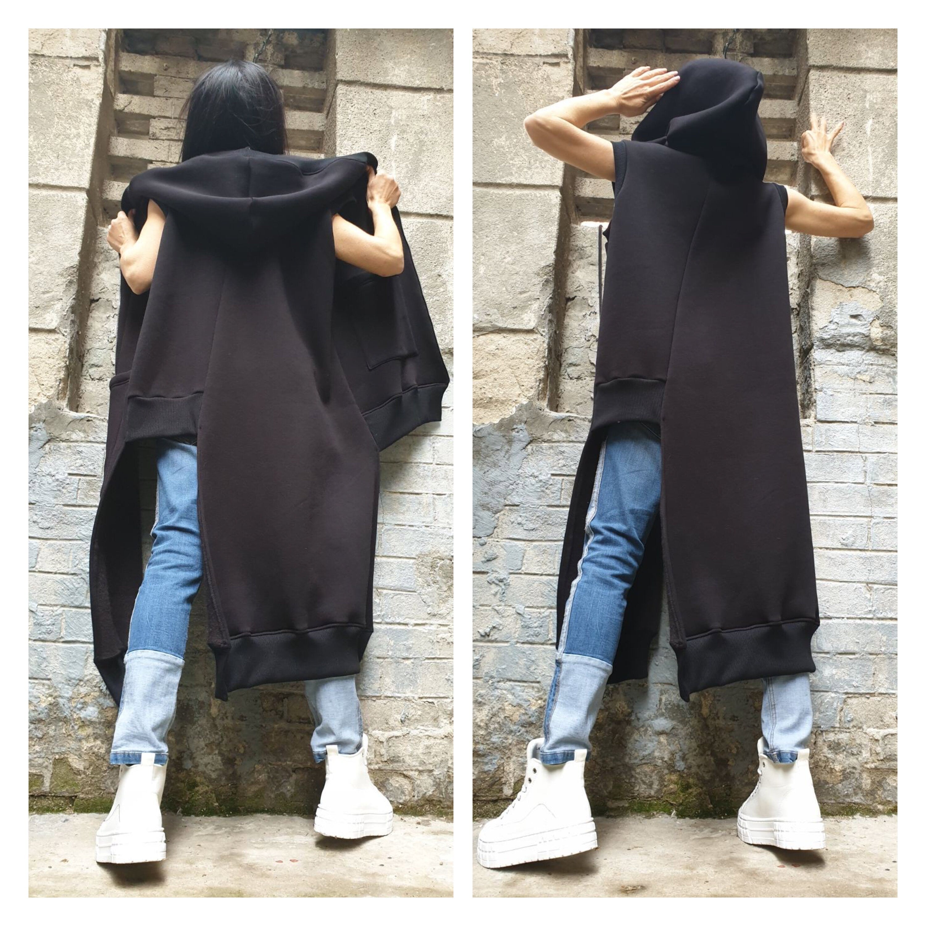 Asymmetric Hooded Vest – Long Sleeveless Fleece Coat with Zipper and Front Pockets