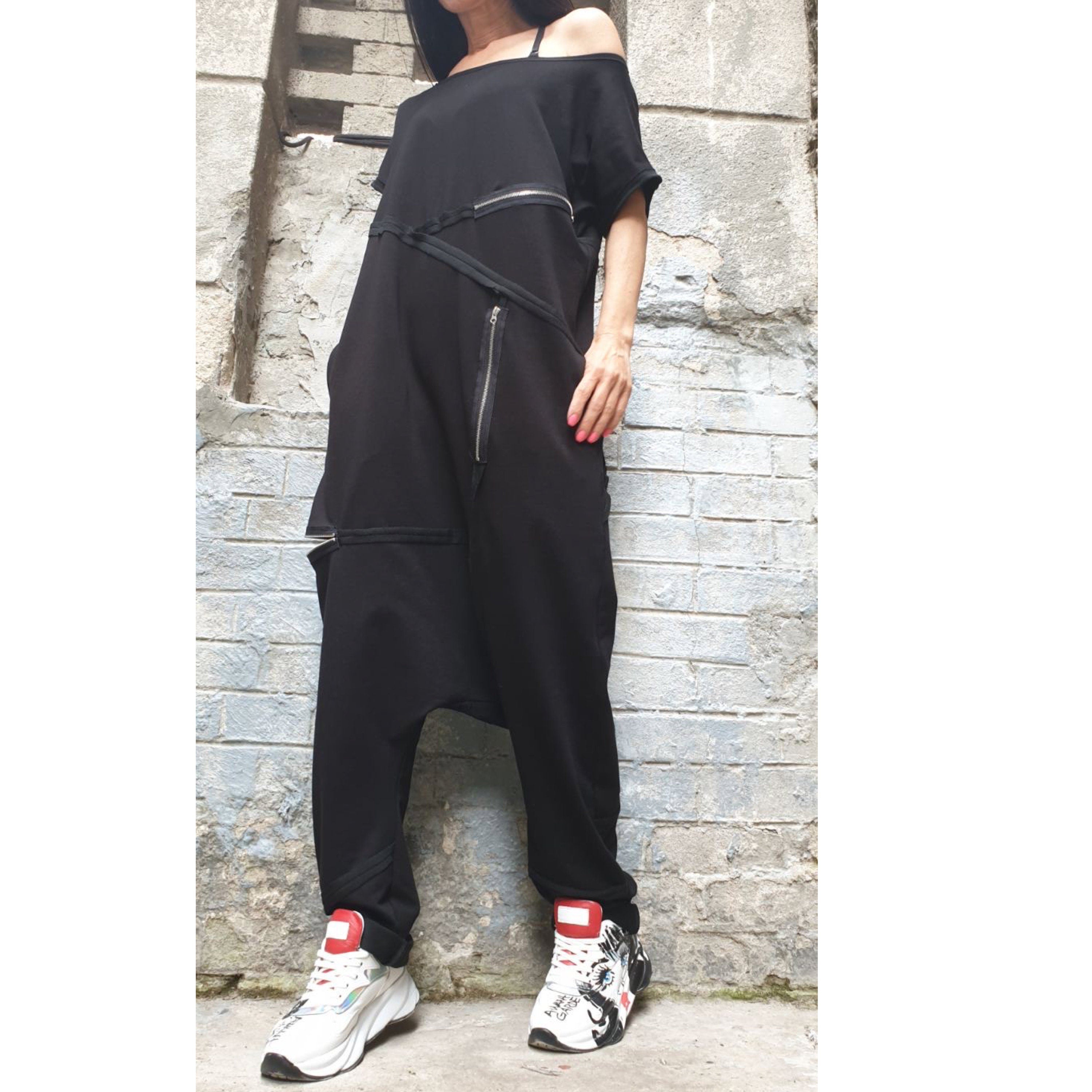 Black Asymmetrical Jumpsuit with Short Sleeves – Designer Cut / Exposed Seams & Zippers / Two-Thread Fleece Romper with Side Pockets