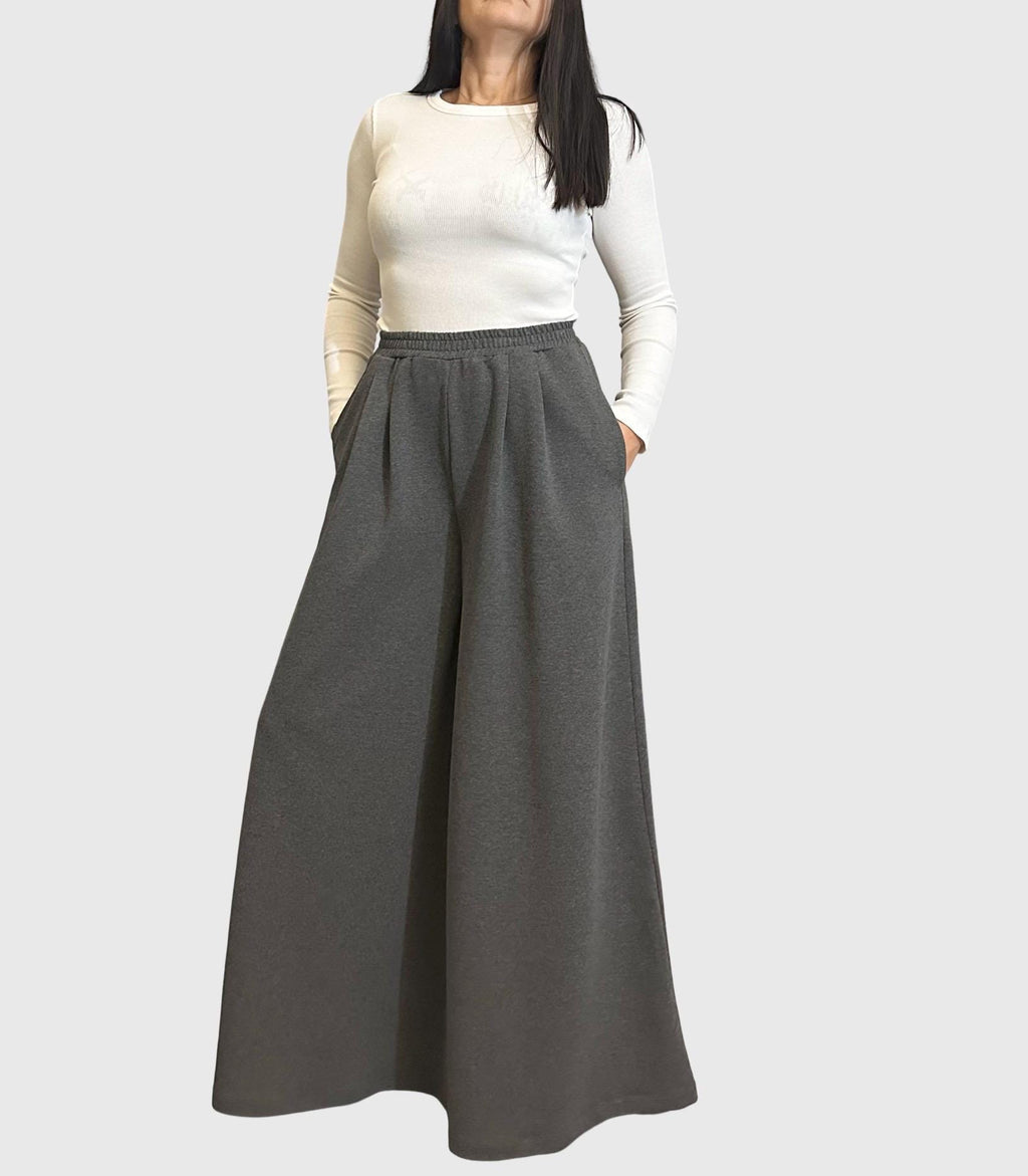 Dark Gray Cotton Palazzo Pants with Elastic Waist / High Waist Wide Leg Skirt Pants / Casual Comfortable Maxi Trousers