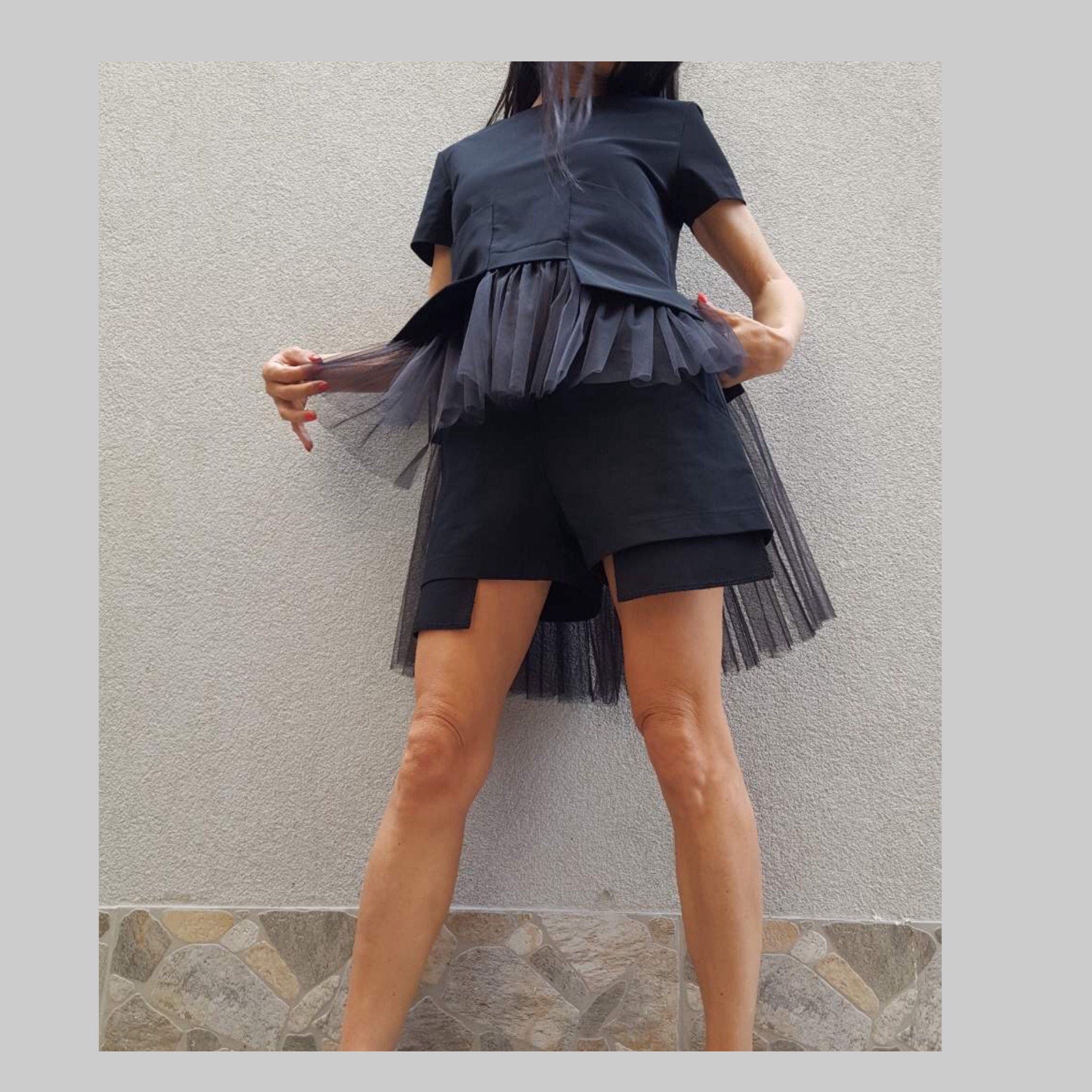 Asymmetric Black Cotton Blouse with Tulle Detail – Avant-Garde Short Sleeve Top