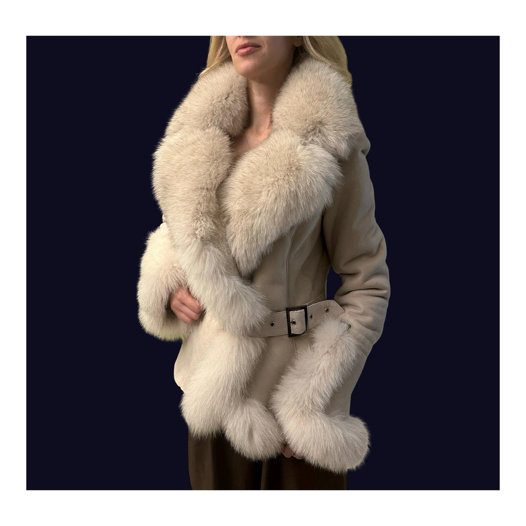 Black Shearling Coat with Fox Fur Collar and Cuffs
