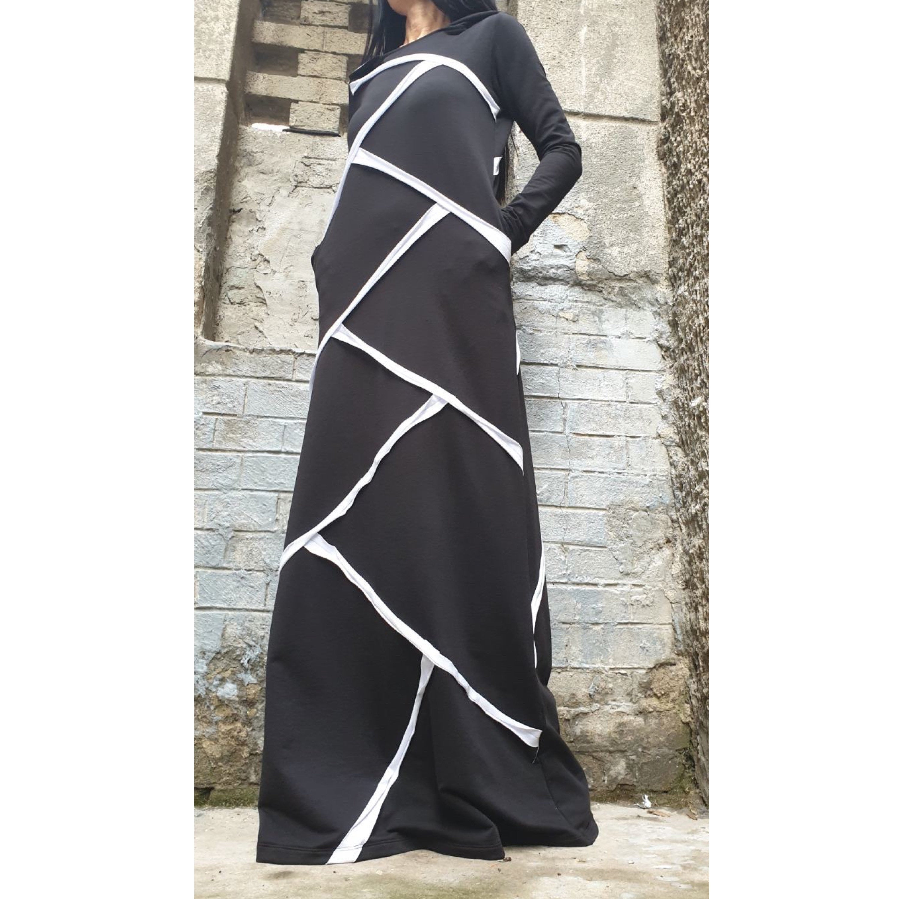 Black Hooded Maxi Dress – Asymmetric Cotton Dress with White Trim / Long Sleeve Avant-Garde Dress with Pockets / Cotton Blend Fleece  XS–5X
