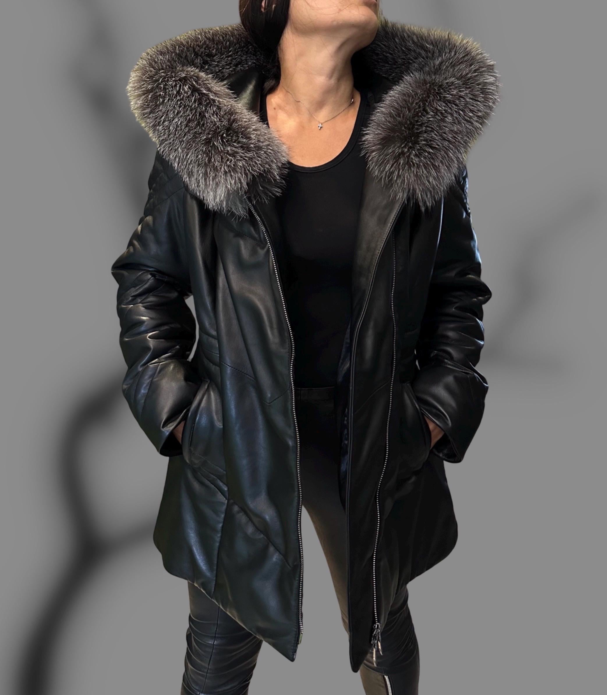Women’s Real Lambskin Leather Coat with Genuine Fox Fur Hood / Winter Luxury Shearling Jacket / Warm Handmade Leather Outerwear