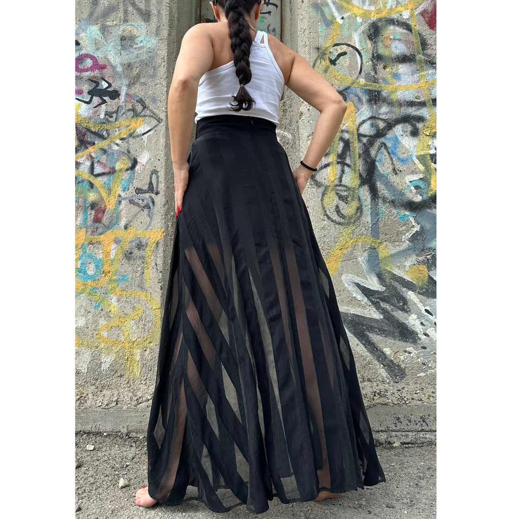 Black Maxi Skirt – High Waist with Cotton and Sheer Organza Stripes
