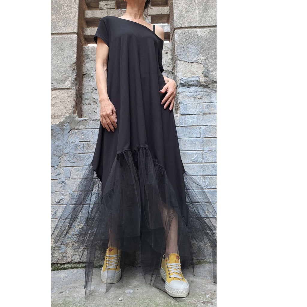 Black Asymmetrical Tulle Dress – Oversized Cotton Maxi Dress with Mesh Hem / Avant-Garde Loose Dress / Short Sleeve Kaftan  XS–5XL