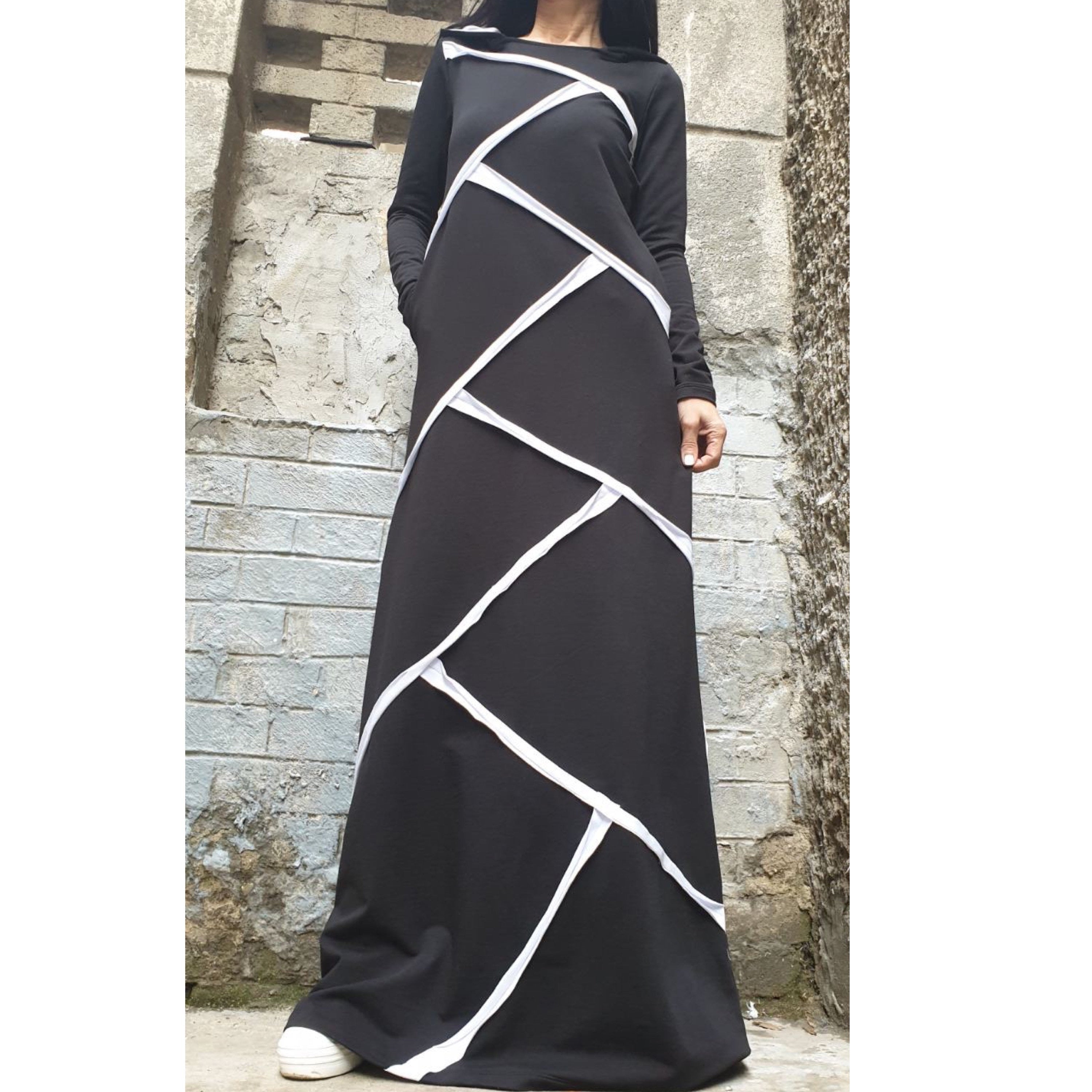 Black Hooded Maxi Dress – Asymmetric Cotton Dress with White Trim / Long Sleeve Avant-Garde Dress with Pockets / Cotton Blend Fleece  XS–5X
