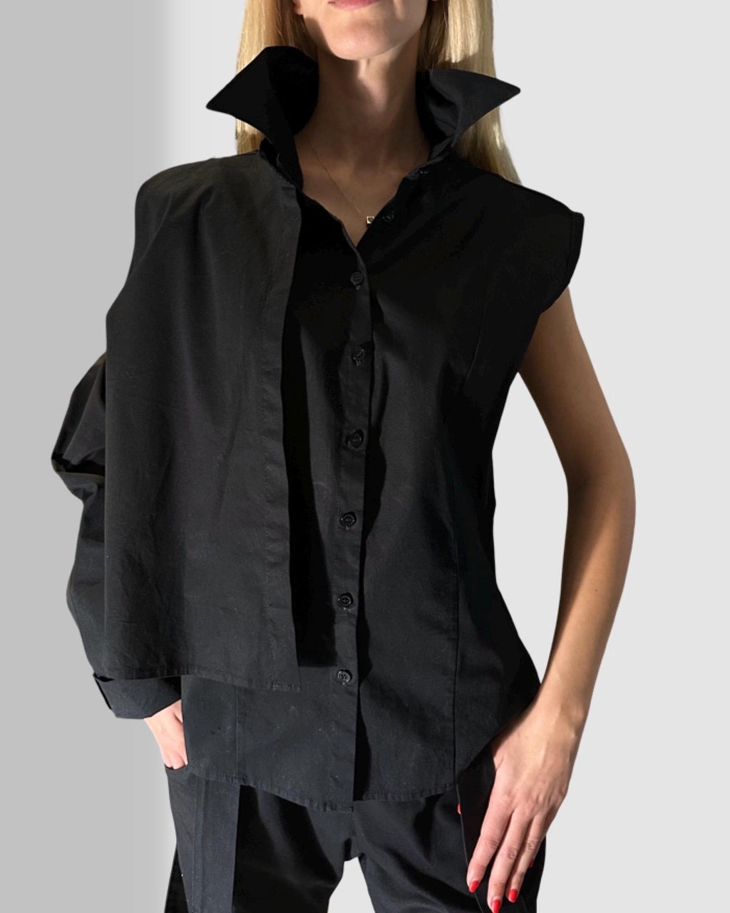 Avant-Garde Black Women’s Shirt / Two-Piece Sleeveless Shirt with Detachable Long Sleeve / Designer Statement Top