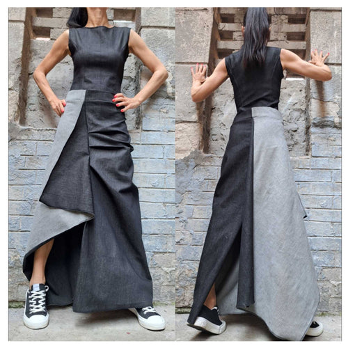 Asymmetric Denim Maxi Dress – Avant Garde A-Line Jean Dress with Side Slit / Women’s Streetwear Sculptural Dress