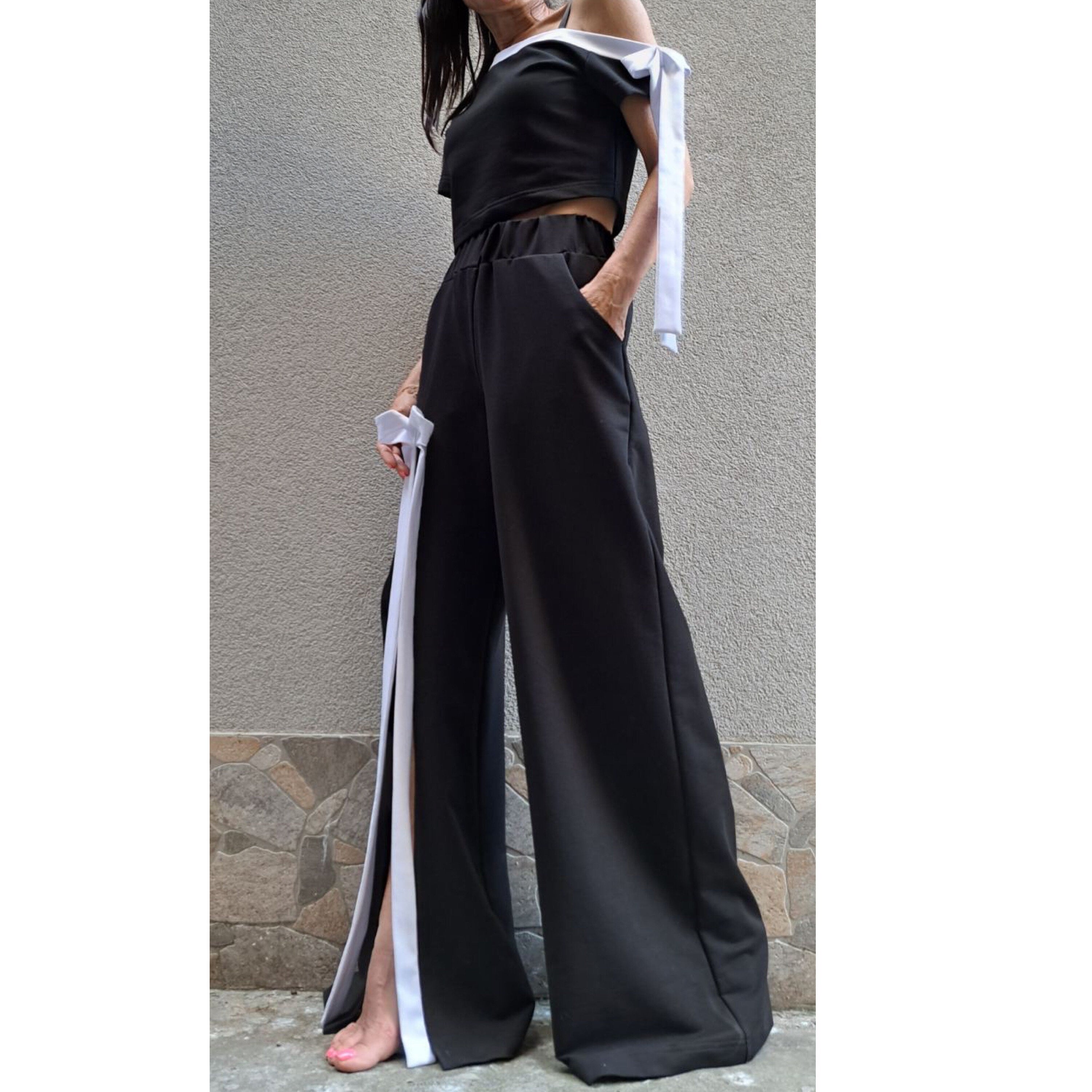 Asymmetric Black Cotton Set with Bow Detail – One Shoulder Top & High Waist Wide Leg Pants