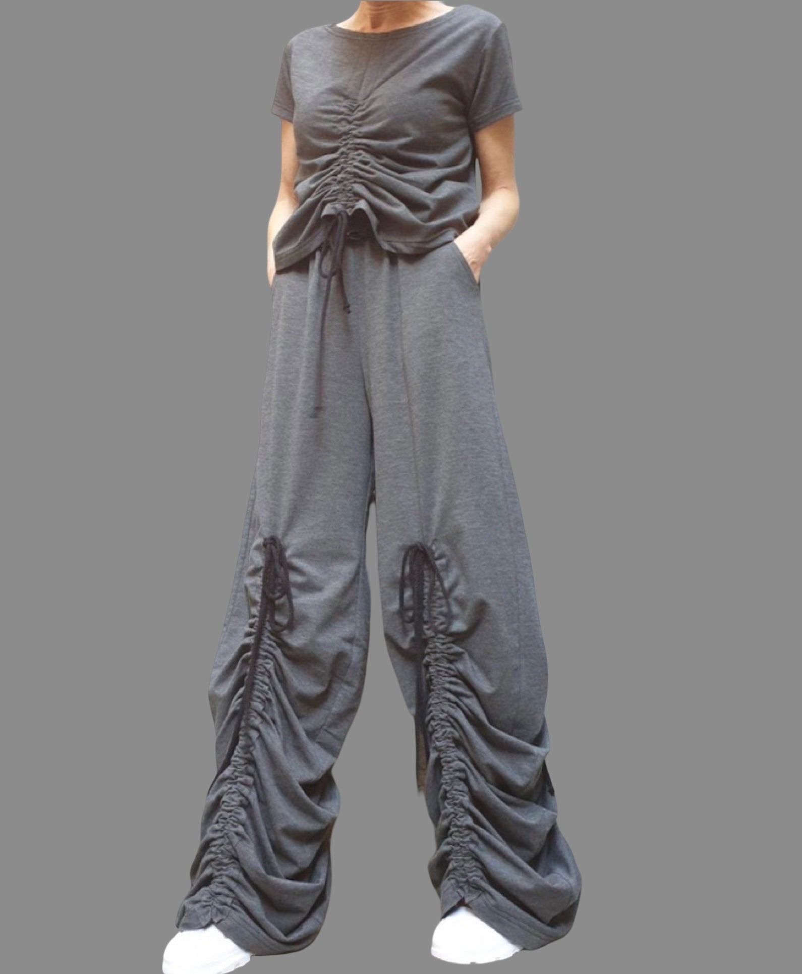Dark Grey Cotton Women's Set: Asymmetric Blouse & High Waist Pants