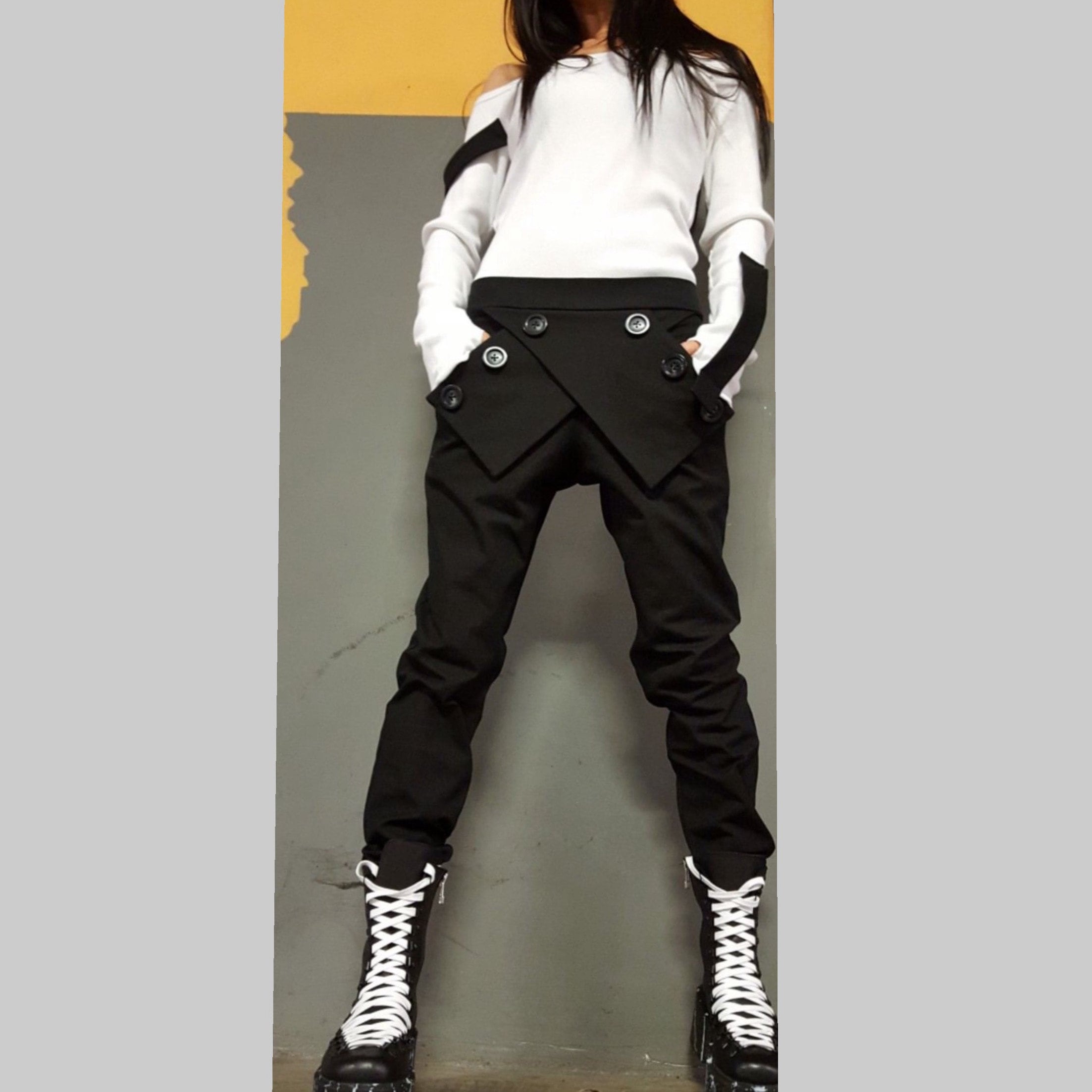 Asymmetric Black Harem Pants – Cotton Avant-Garde Trousers with Buttons / Urban Drop Crotch Pants / Designer Women’s Pants