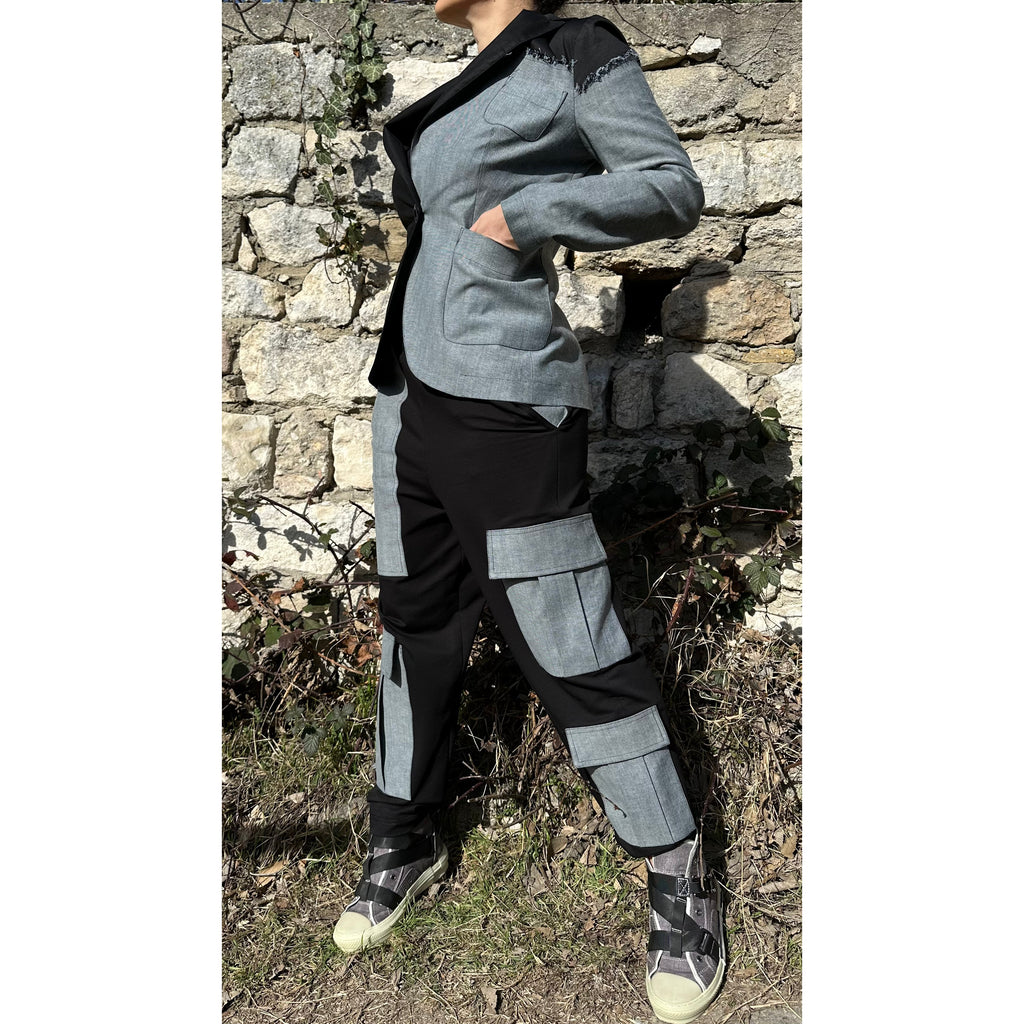 Women’s Two-Piece Suit – Cotton & Denim Blazer and Pants Set / Asymmetric Urban Style