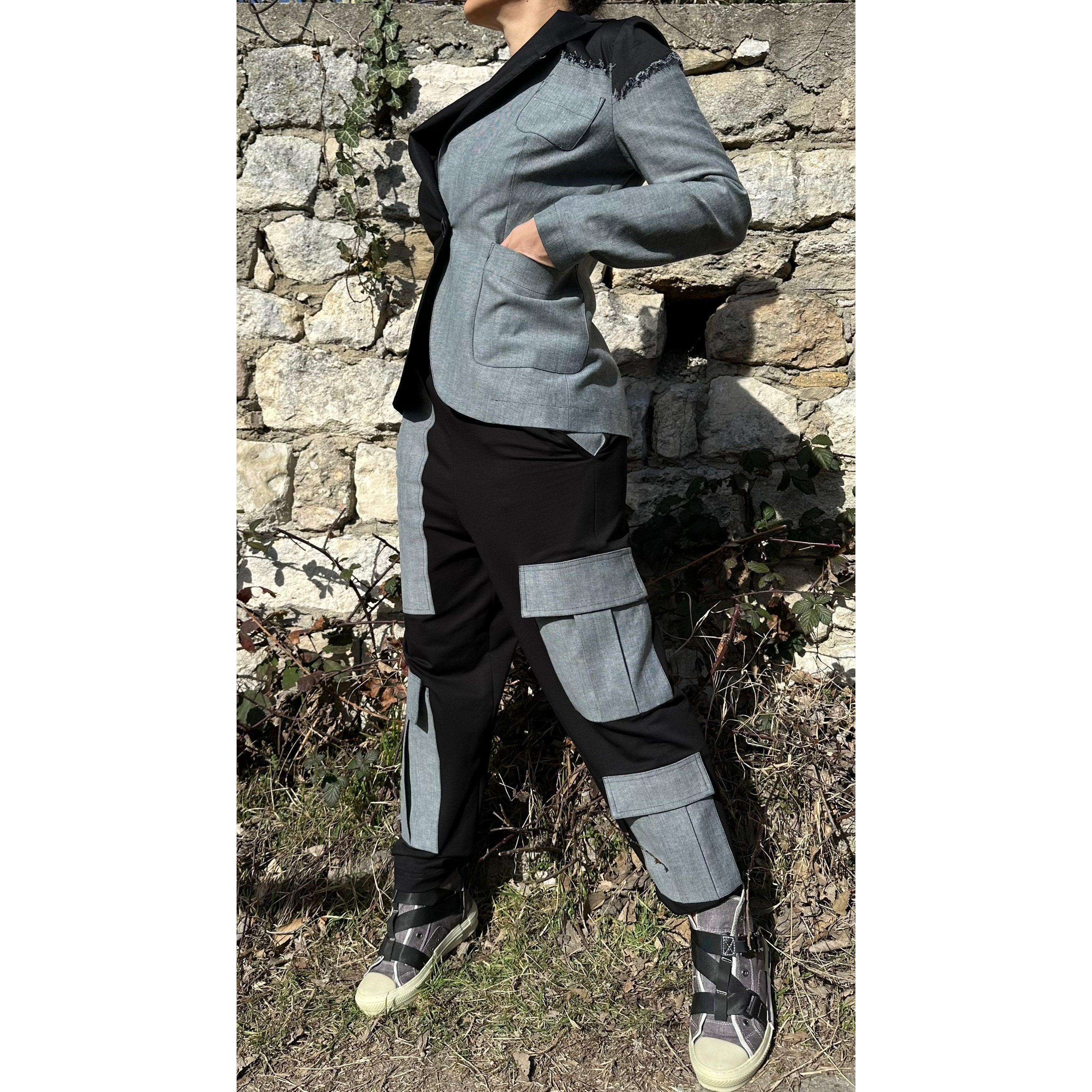 Women’s Two-Piece Suit – Cotton & Denim Blazer and Pants Set / Asymmetric Urban Style