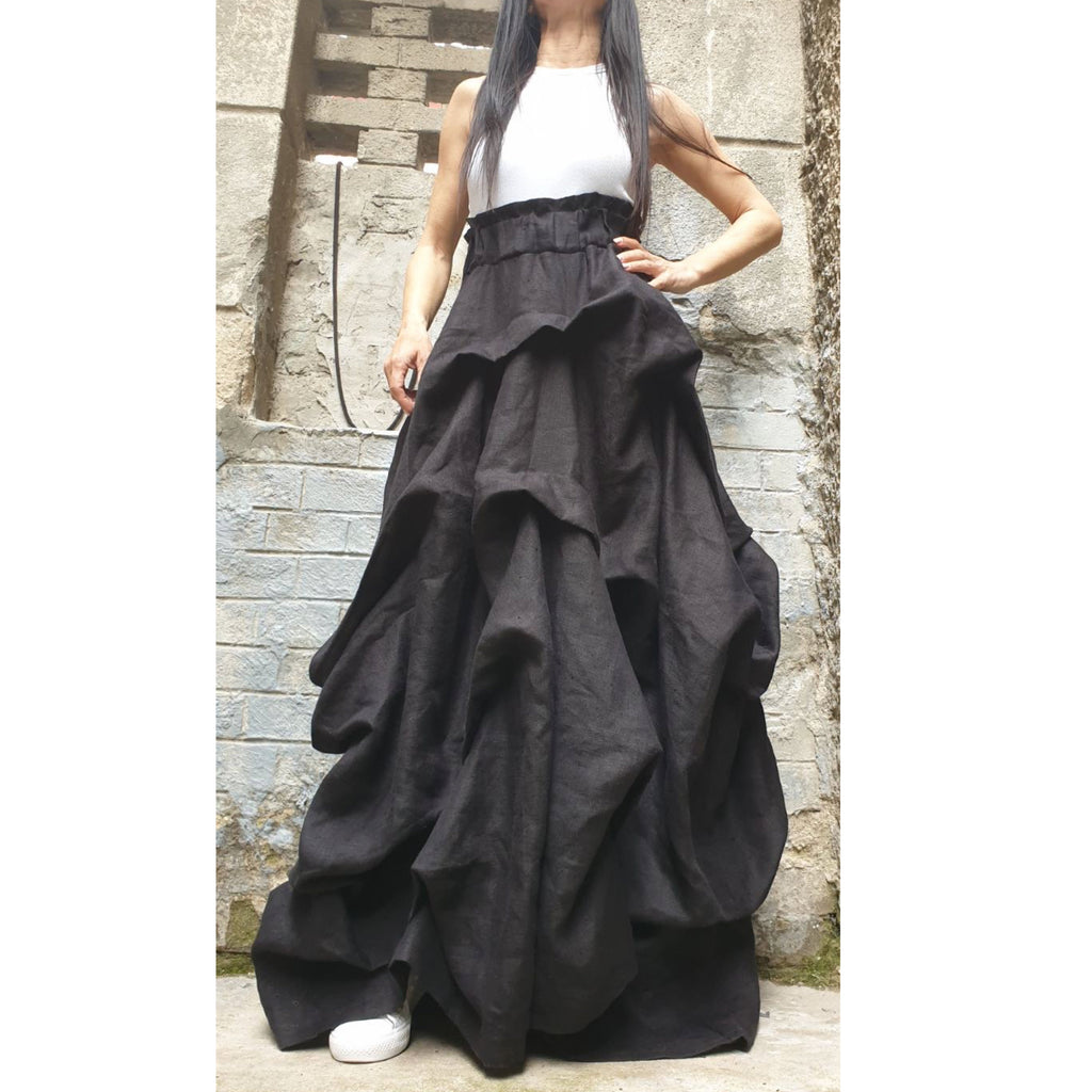 High Waist Linen Maxi Skirt / Avantgarde Asymmetric Black Skirt