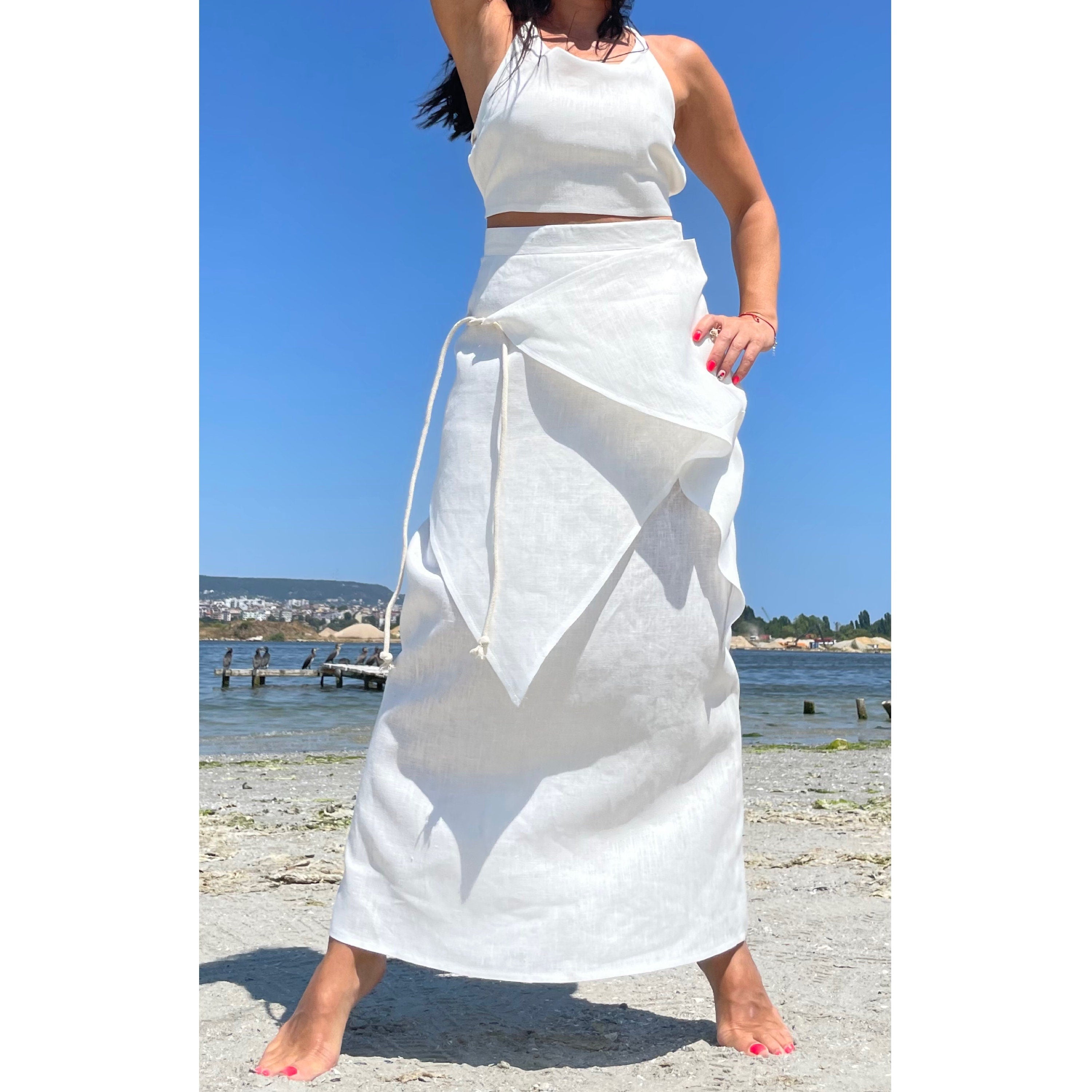 Asymmetric Summer White Linen Skirt Top Set