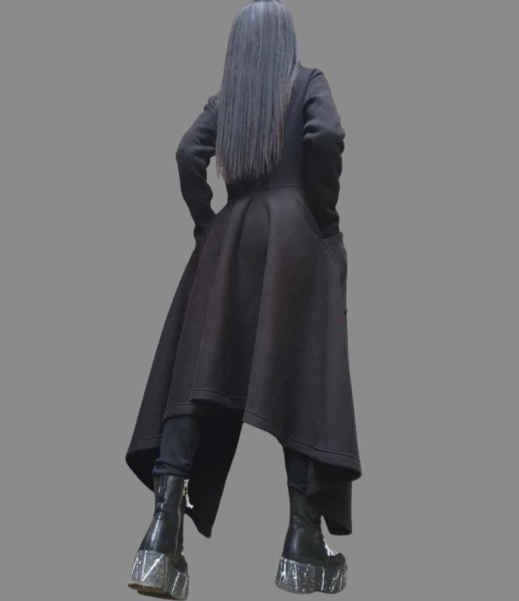Women’s Asymmetric Fleece Coat – High Collar, Side Pockets, Button Closure – Black Avant-Garde Jacket