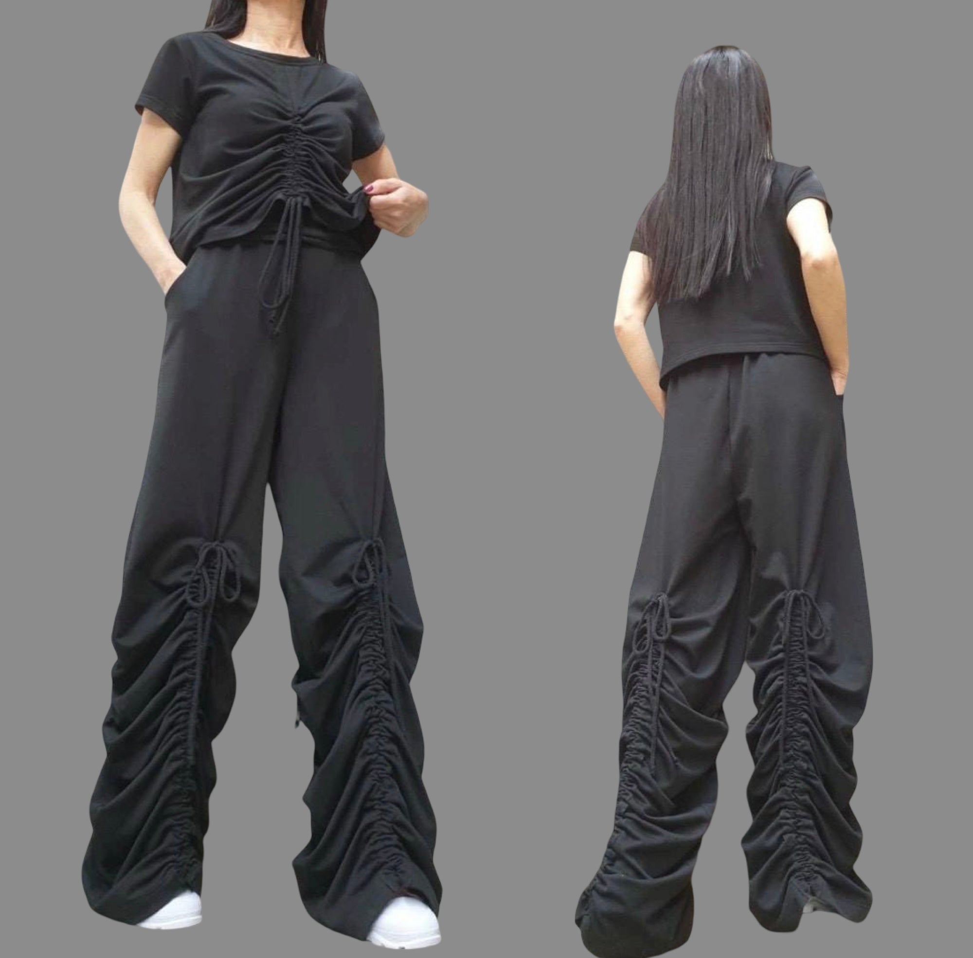 Dark Grey Cotton Women's Set: Asymmetric Blouse & High Waist Pants