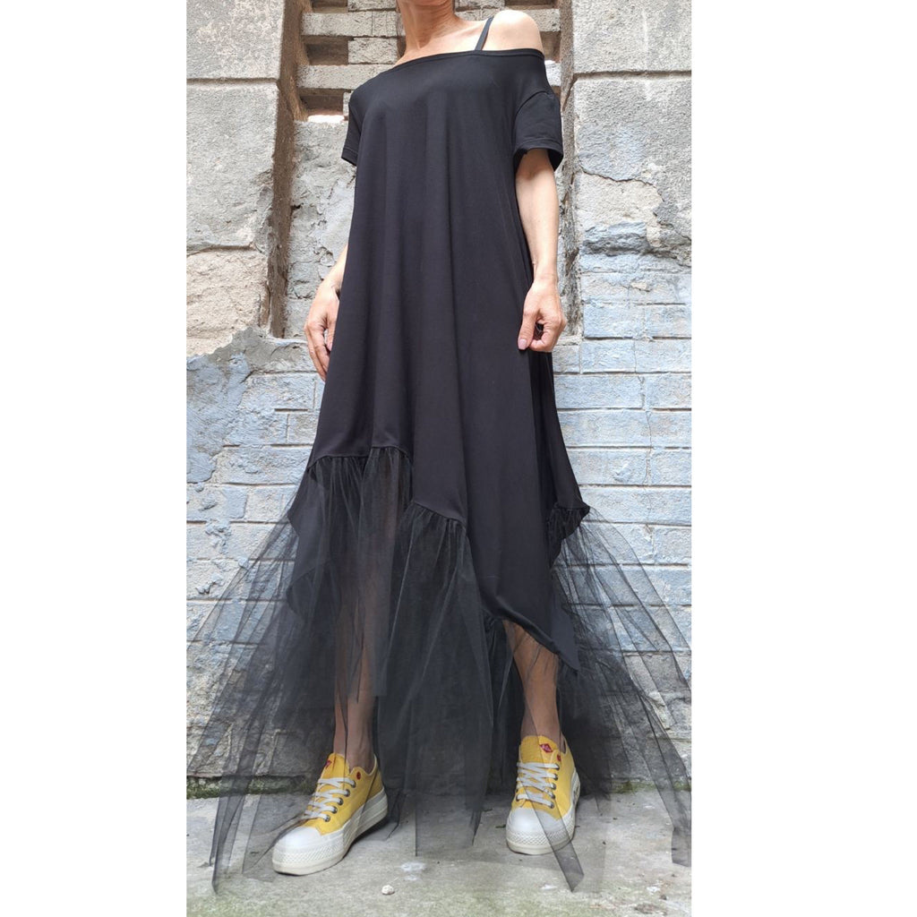 Black Asymmetrical Tulle Dress – Oversized Cotton Maxi Dress with Mesh Hem / Avant-Garde Loose Dress / Short Sleeve Kaftan  XS–5XL
