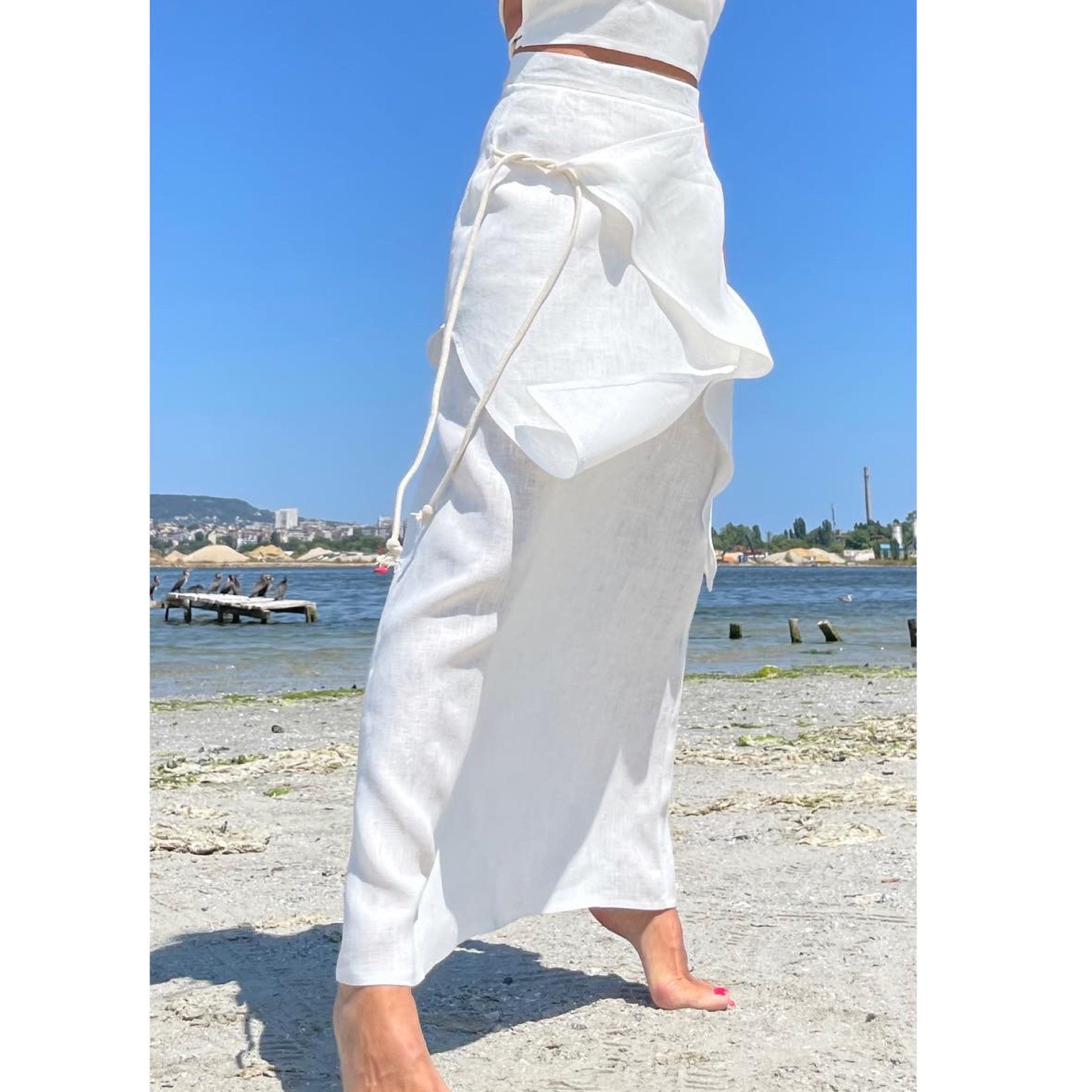 Asymmetric Summer White Linen Skirt Top Set