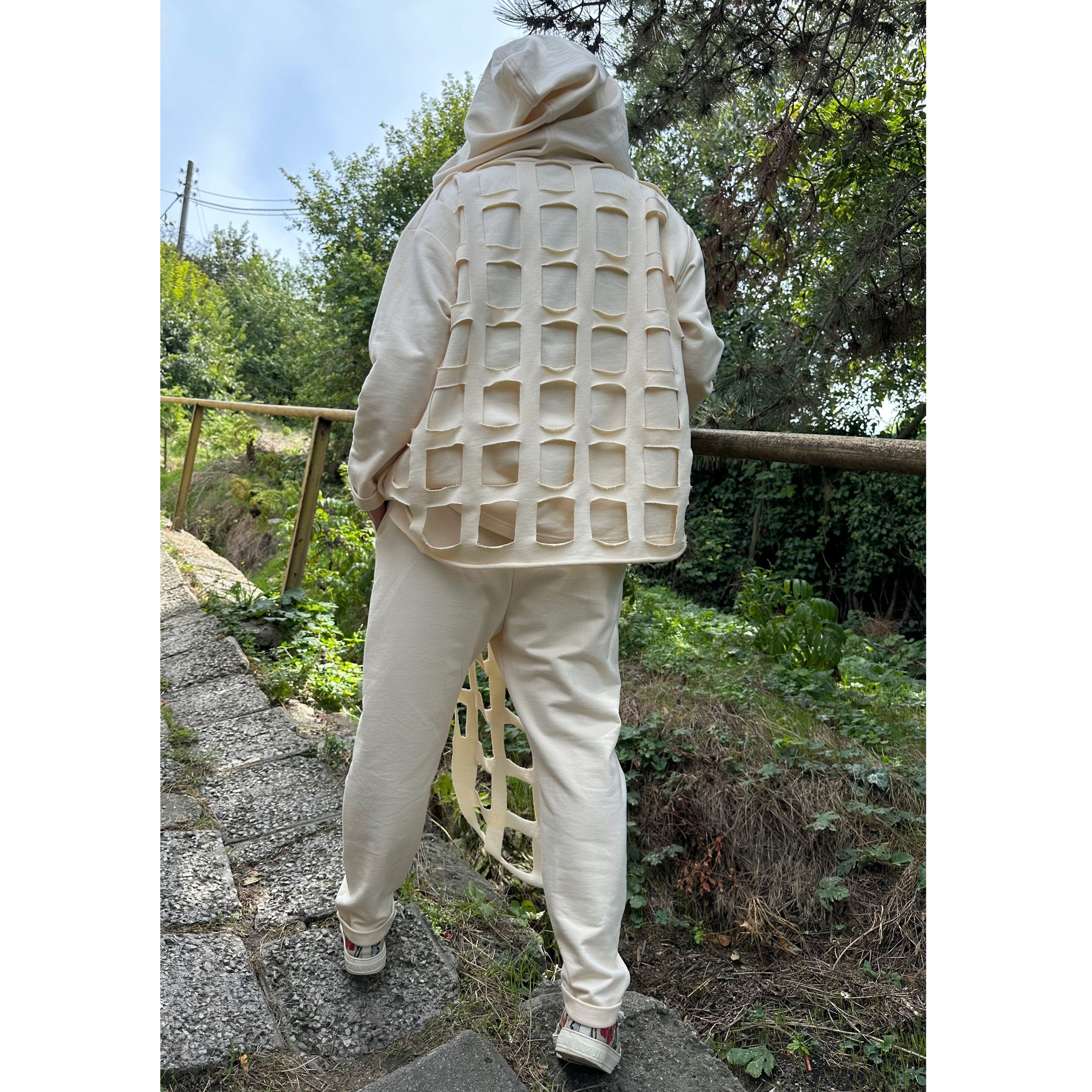 Handmade Cut-Out Hoodie and Pants Set / Designer Loungewear in Cotton-Elastane / Urban Streetwear Outfit