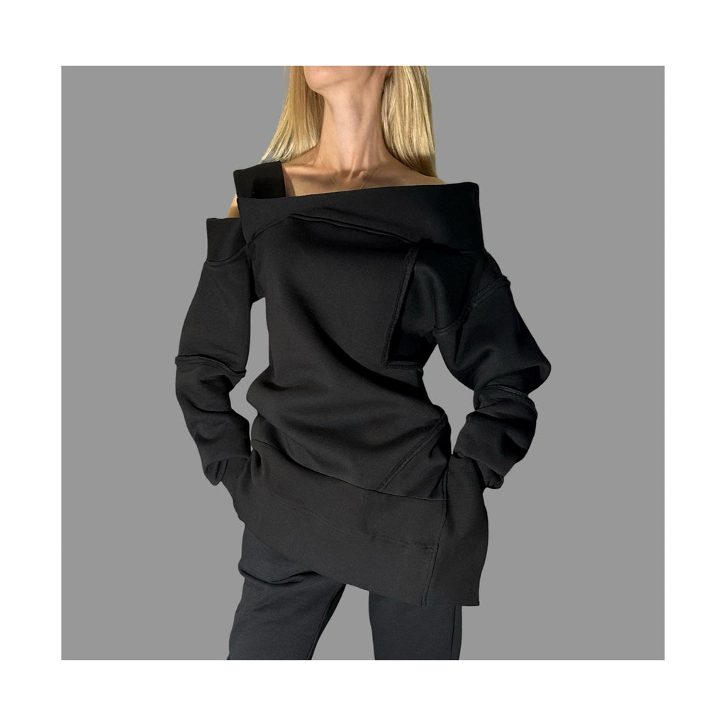Black Asymmetric Winter Blouse with One Shoulder / Avant-Garde Cotton Top with External Seams