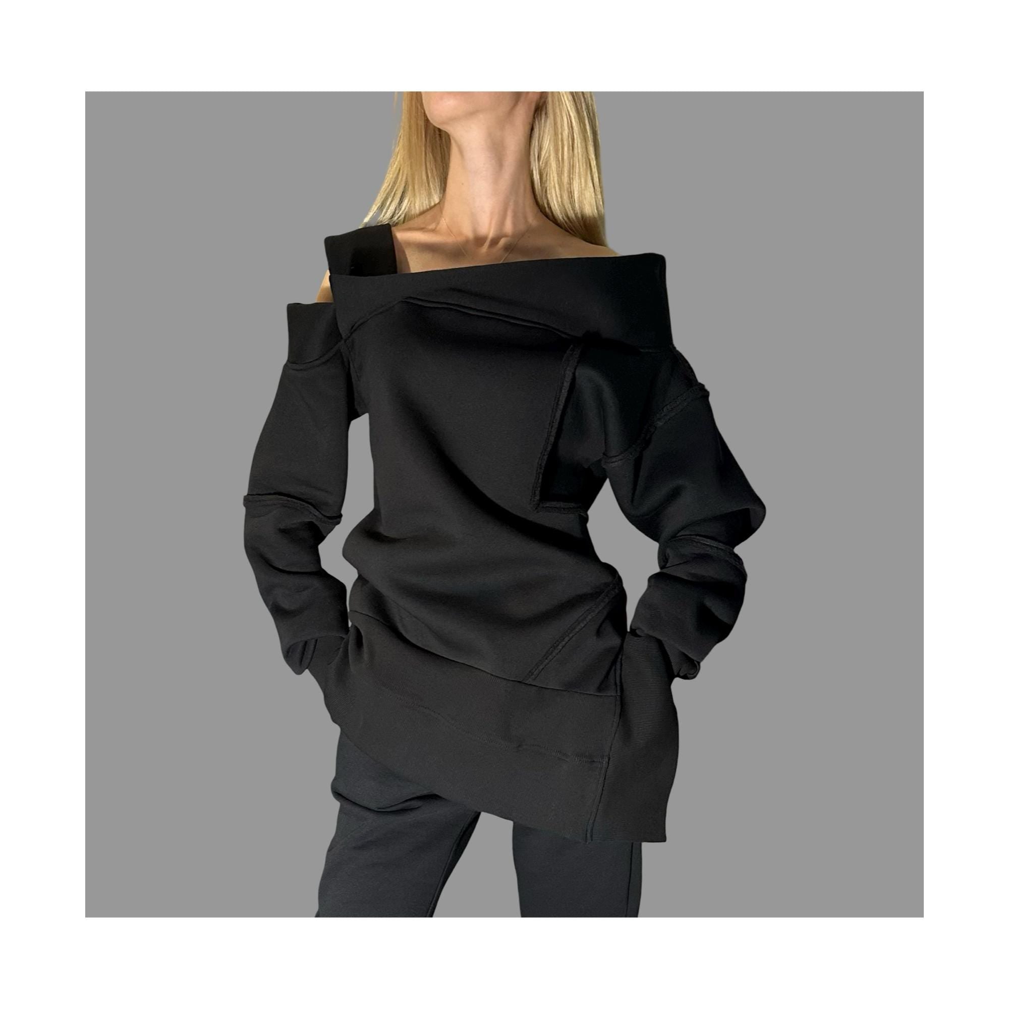 Black Asymmetric Winter Blouse with One Shoulder / Avant-Garde Cotton Top with External Seams