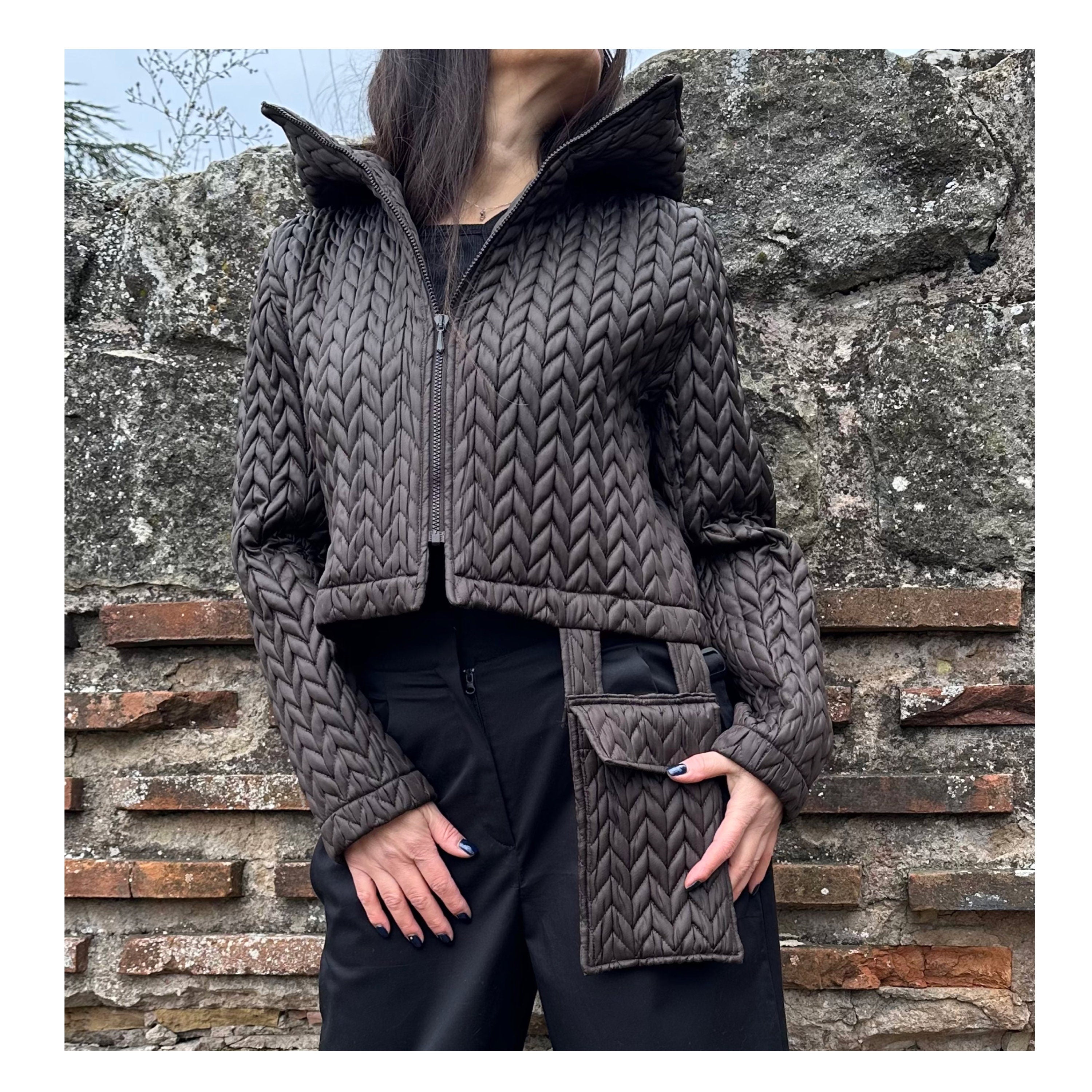 Brown Quilted Neoprene Jacket with Hood and Zipper – Asymmetric Designer Coat