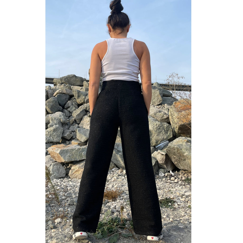 Black Tweed Wide-Leg Pants – High Waist Bouclé Trousers with Side Pockets