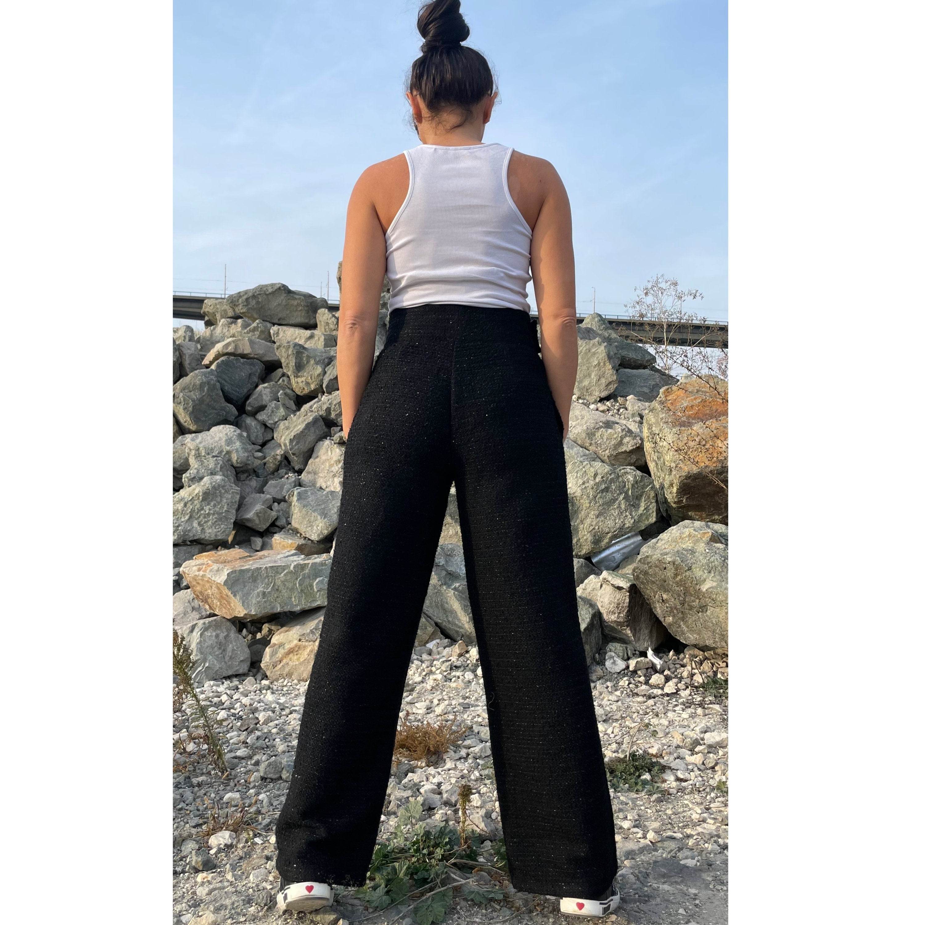 Black Tweed Wide-Leg Pants – High Waist Bouclé Trousers with Side Pockets