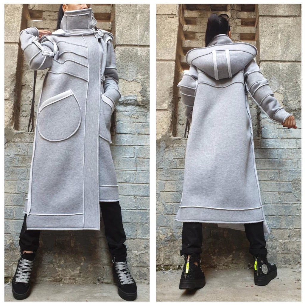Women’s Long White Asymmetric Vest Coat with Hood – Heavyweight Sweatshirt Fabric