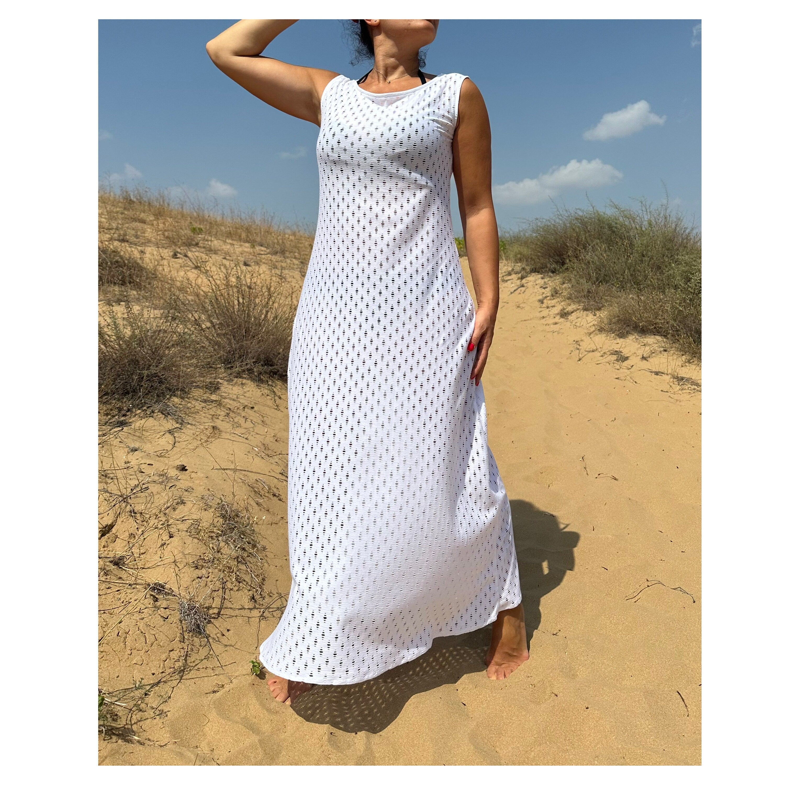 White Cotton Knit Maxi Dress / Sleeveless Summer Beach Dress