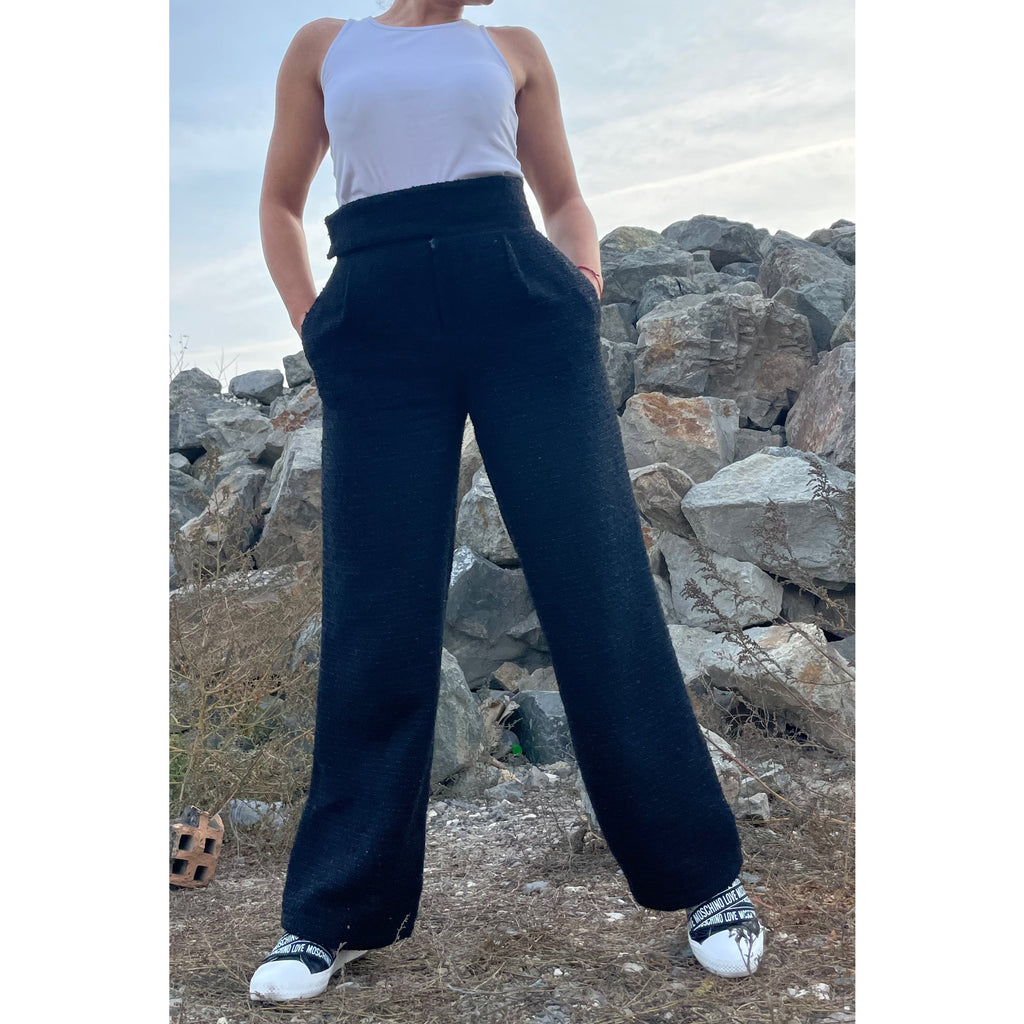Black Tweed Wide-Leg Pants – High Waist Bouclé Trousers with Side Pockets
