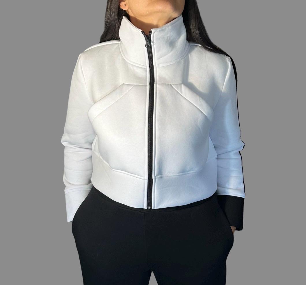 Cropped White Fleece Jacket – High Collar Winter Top / Women’s Streetwear Sweatshirt / Zip Up Hoodie / Designer Warm Sweater XS–5XL