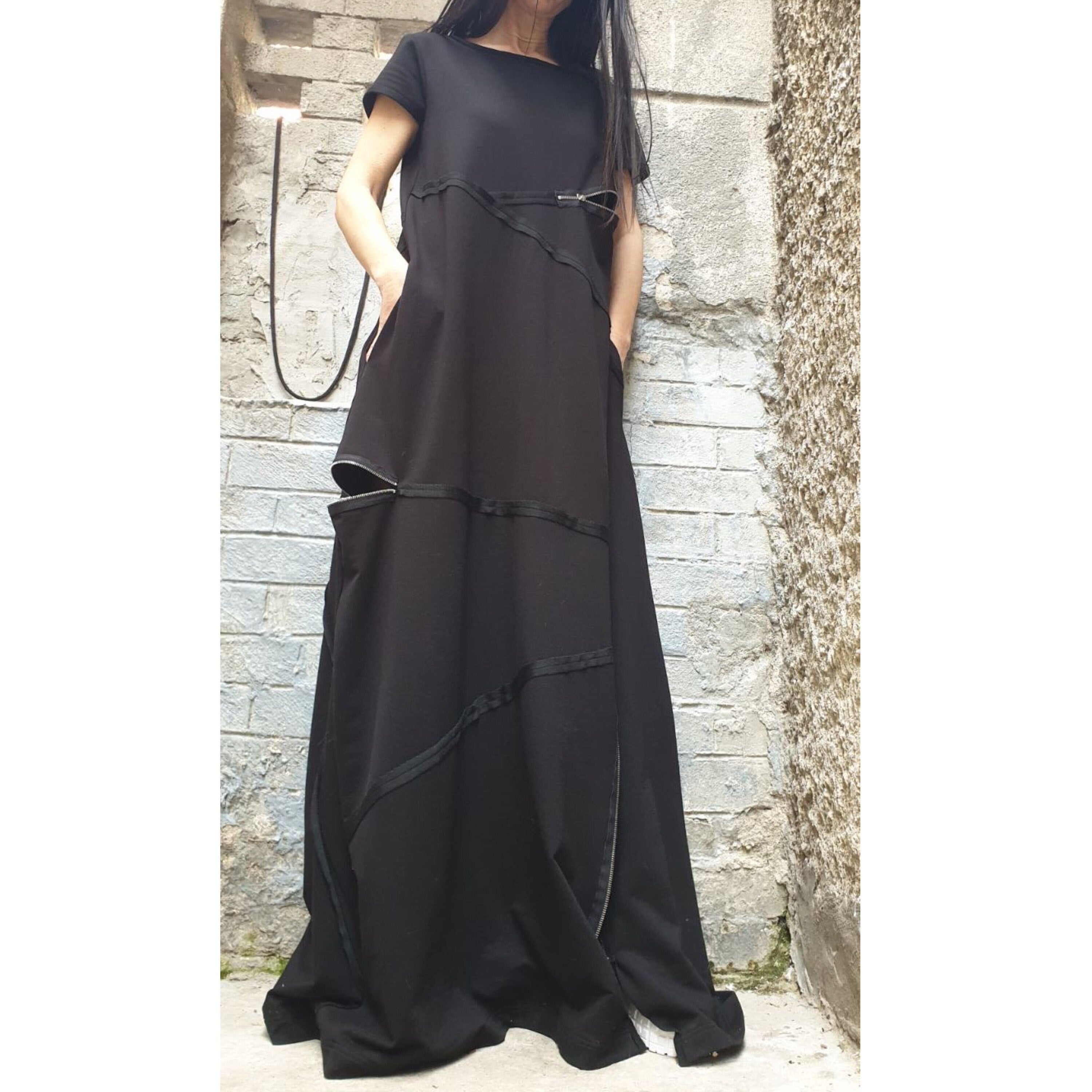 Black Maxi Designer Dress – Avant-Garde Cut Dress with Zippers & Exposed Seams / Cotton Fleece Jersey / Oversized Architectural Dress XS–5XL