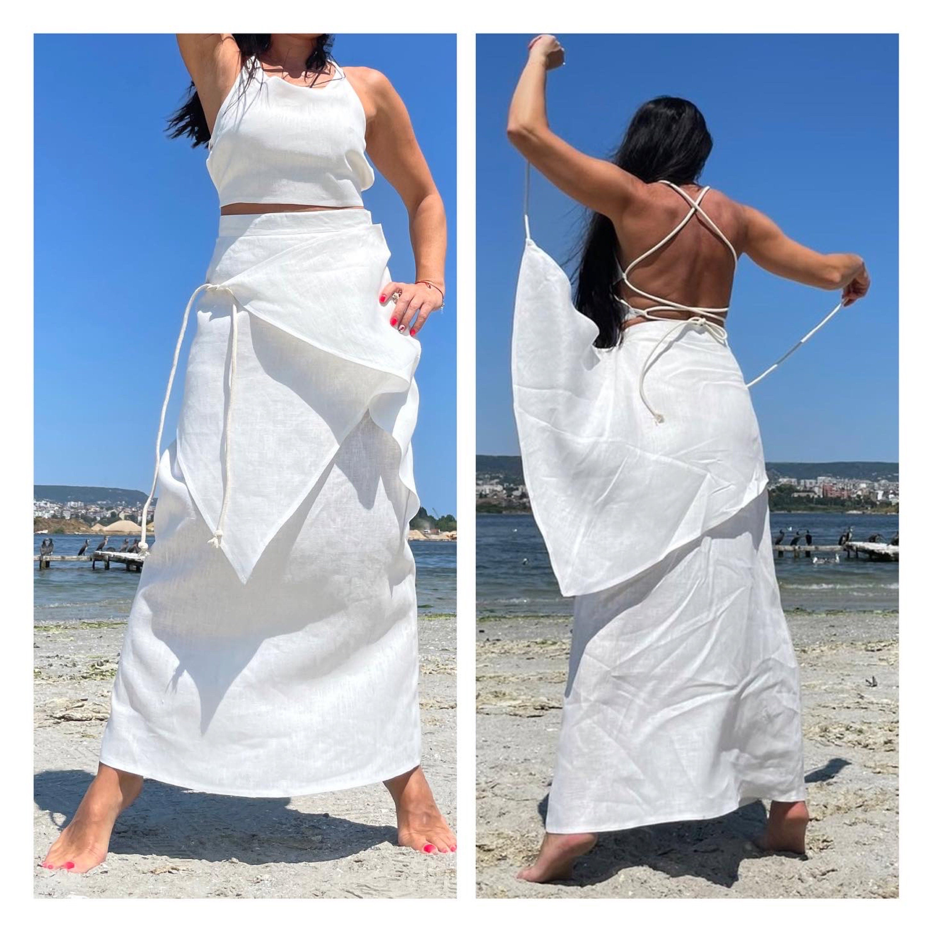 Asymmetric Summer White Linen Skirt Top Set