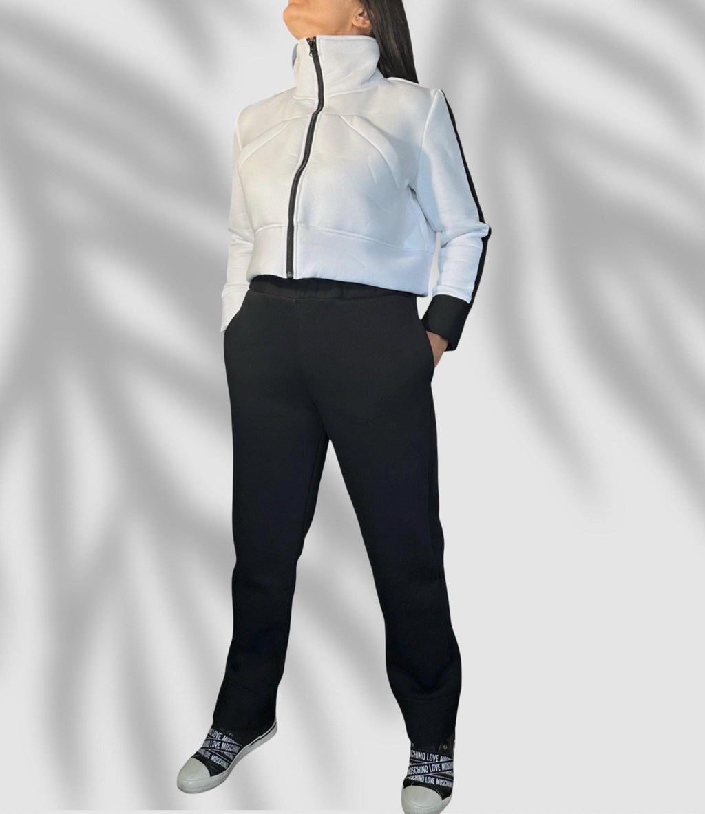 Black  White Fleece Set – Cropped Jacket & High Waist Joggers / Warm Two-Piece Tracksuit