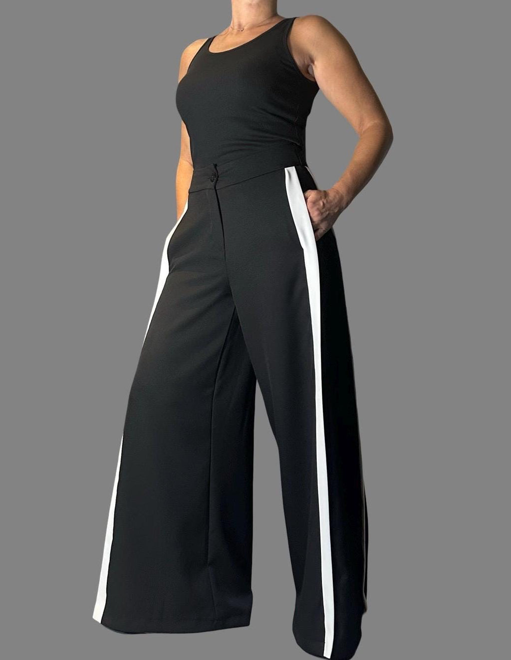Black Wide Leg Pants for Women – High Waist Trousers with White Side Stripe / Sporty Chic Maxi Pants with Pockets