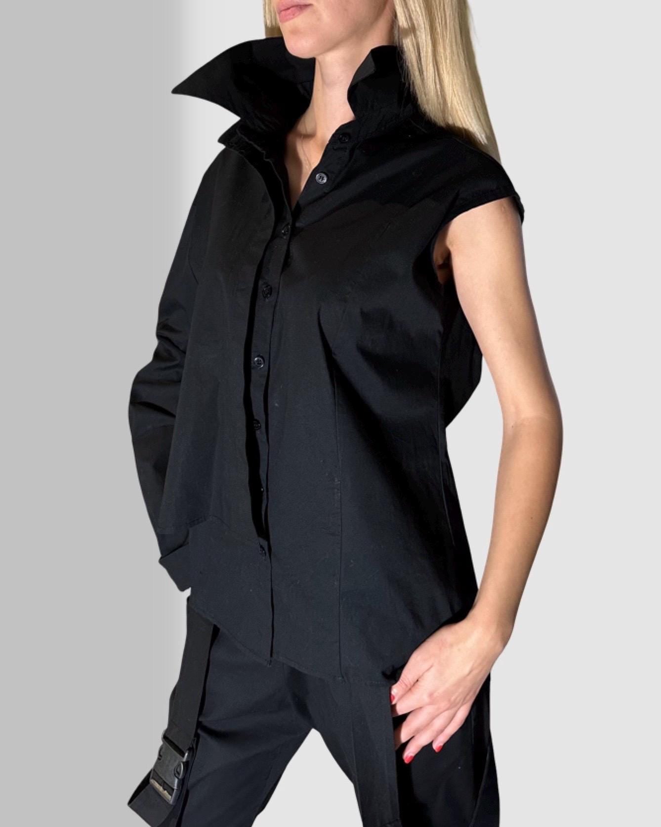 Avant-Garde Black Women’s Shirt / Two-Piece Sleeveless Shirt with Detachable Long Sleeve / Designer Statement Top
