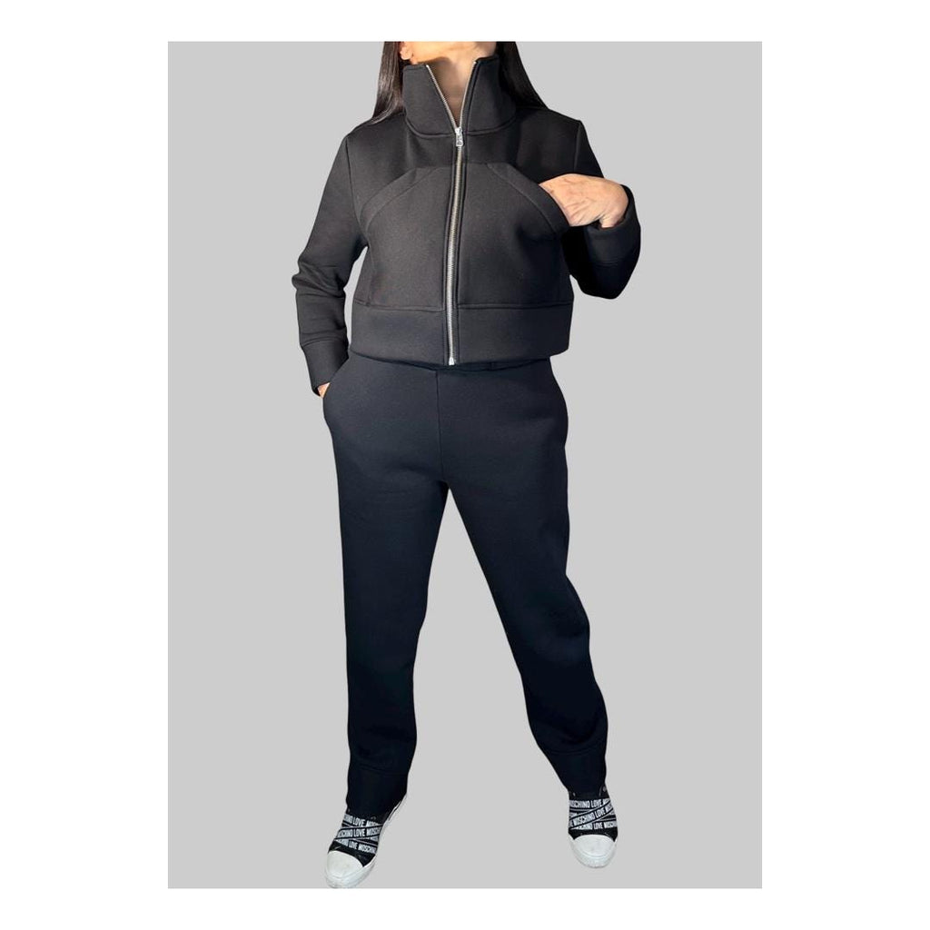 Women’s Two-Piece Tracksuit Set – Black High-Neck Zip Jacket & Jogger Pants / Thick Cotton Blend Loungewear / Minimalist Athleisure Outfit
