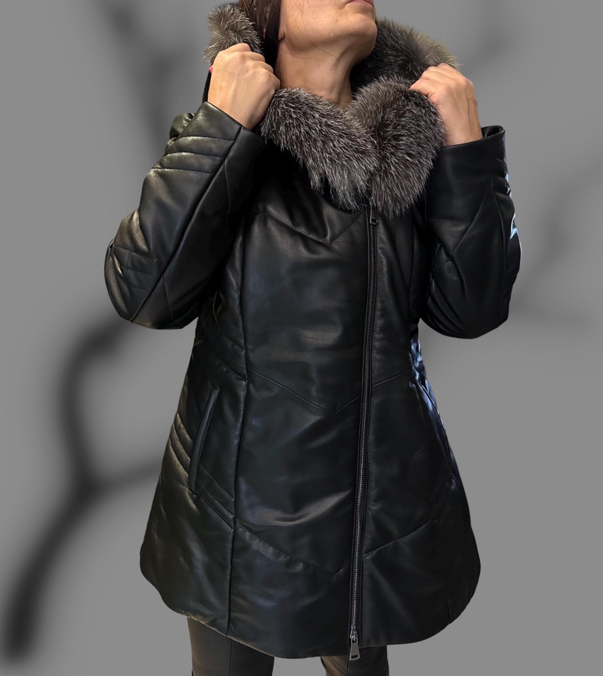Women’s Real Lambskin Leather Coat with Genuine Fox Fur Hood / Winter Luxury Shearling Jacket / Warm Handmade Leather Outerwear