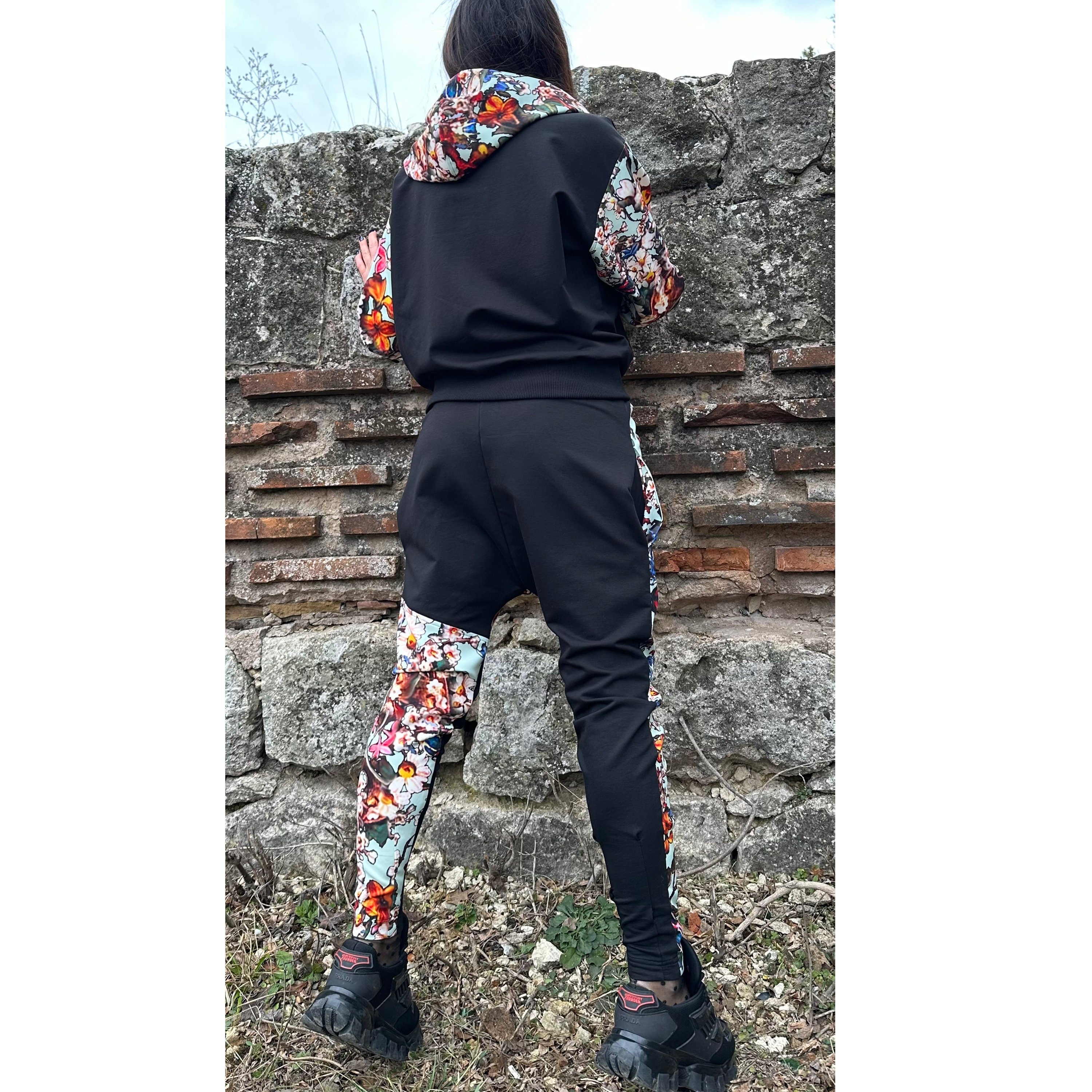 Women’s Neoprene Tracksuit – Hoodie and Joggers in Colorful Patchwork / Handmade Two-Piece  Аthleisure Set