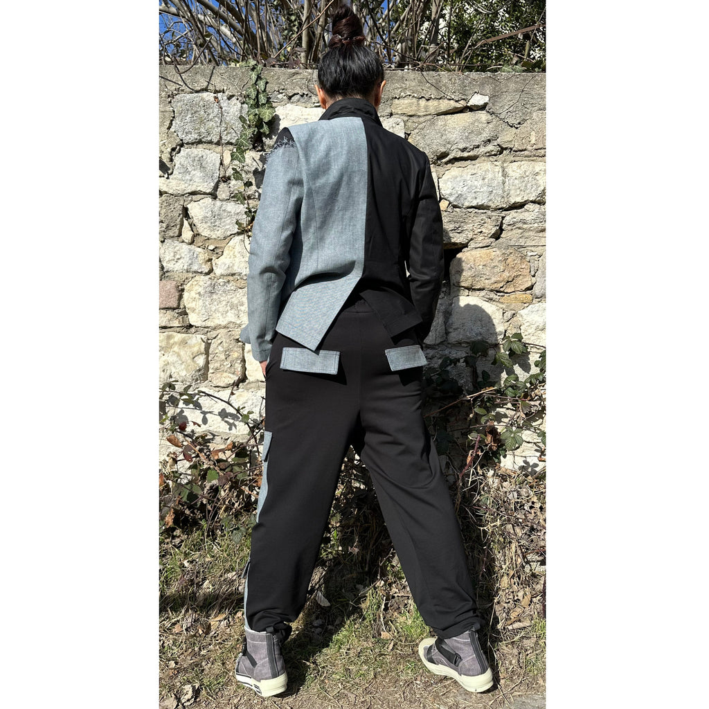 Women’s Two-Piece Suit – Cotton & Denim Blazer and Pants Set / Asymmetric Urban Style