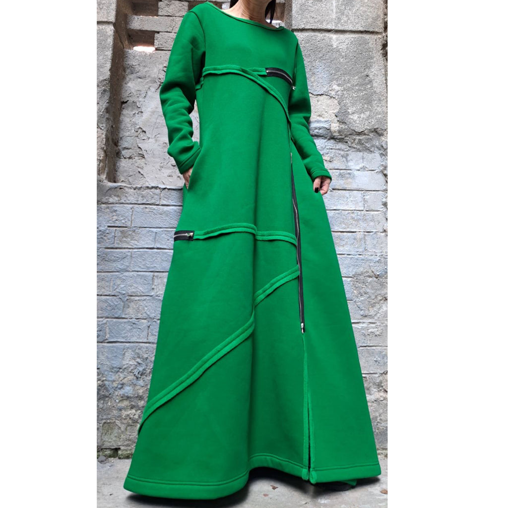 Winter Long Maxi Dress – Avant-Garde Asymmetric Warm Fleece Dress with Zippers / Green Three-Thread Cotton Sweatshirt Dress / Oversized Casu