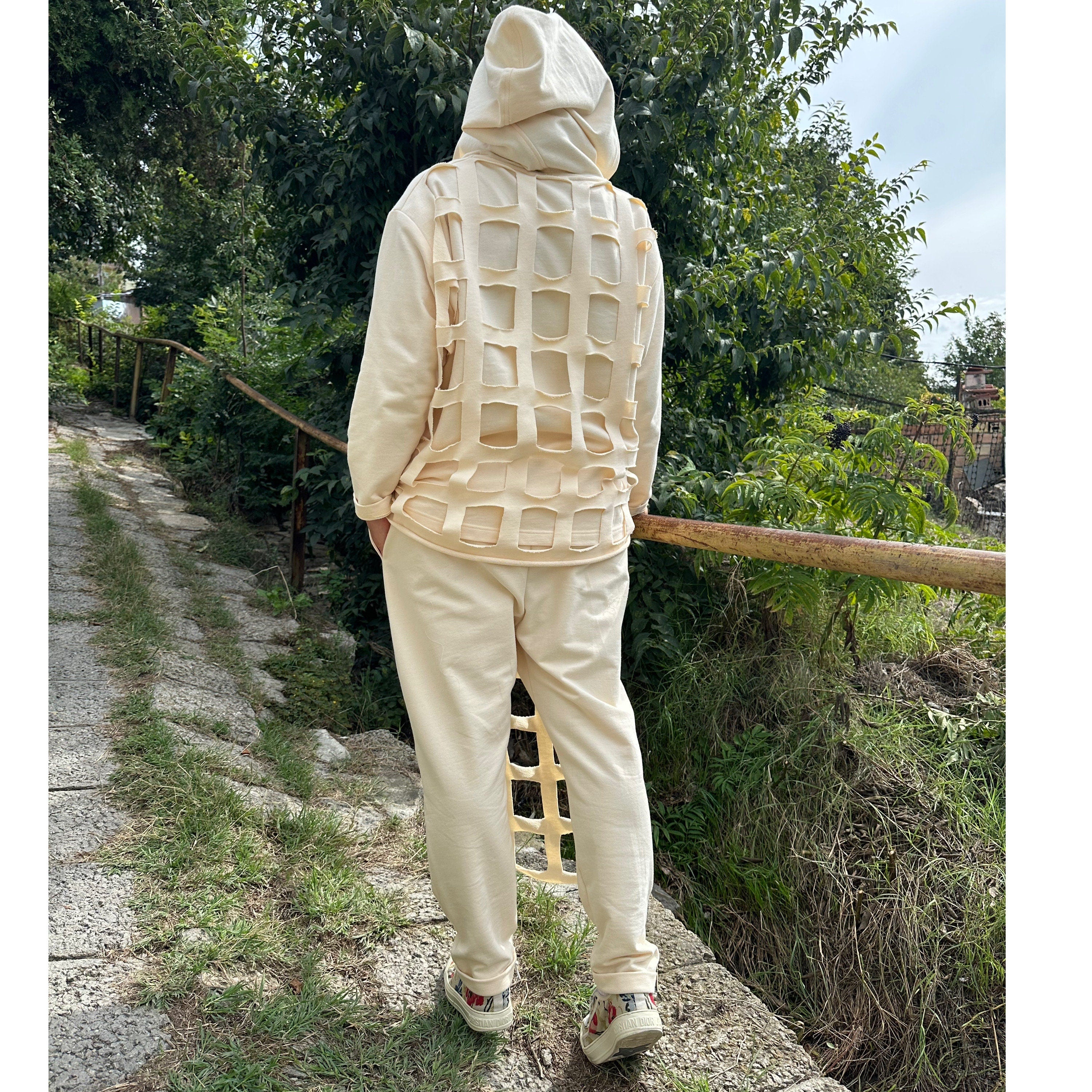 Handmade Cut-Out Hoodie and Pants Set / Designer Loungewear in Cotton-Elastane / Urban Streetwear Outfit