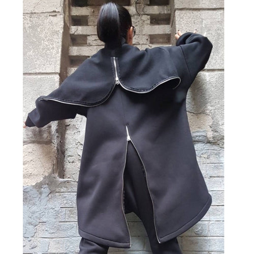 Asymmetric Black Cotton MIDI Coat with Hood – Warm Three-Thread Fleece / Double Zippers / Avant-Garde Jacket